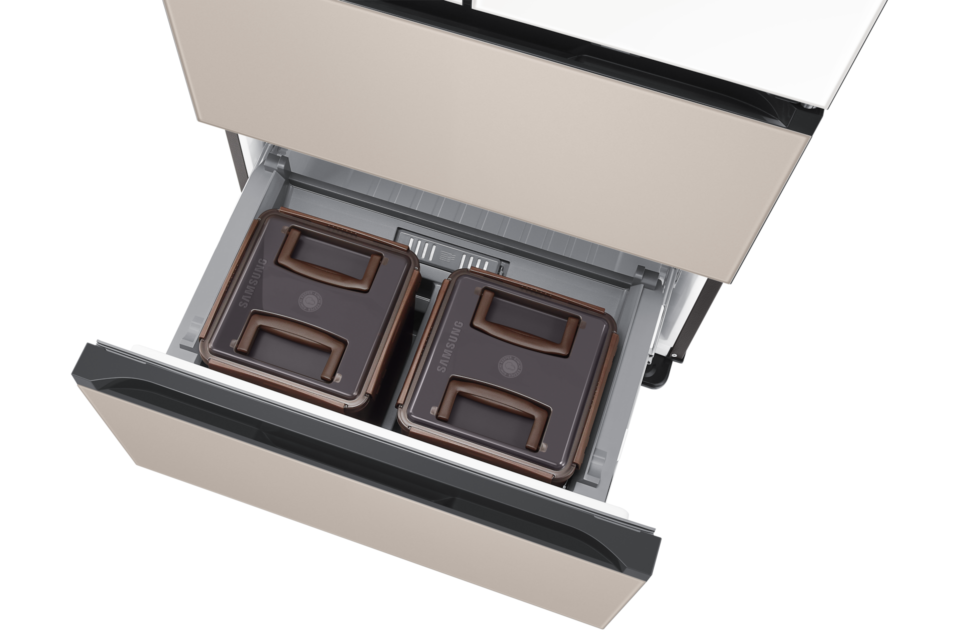 Bespoke AI 김치플러스 4도어 키친핏 Max 418L (맞춤숙성실), 상칸 새틴 화이트 / 중·하칸 새틴 베이지 하칸 슬라이드 아웃, 윗면 시점