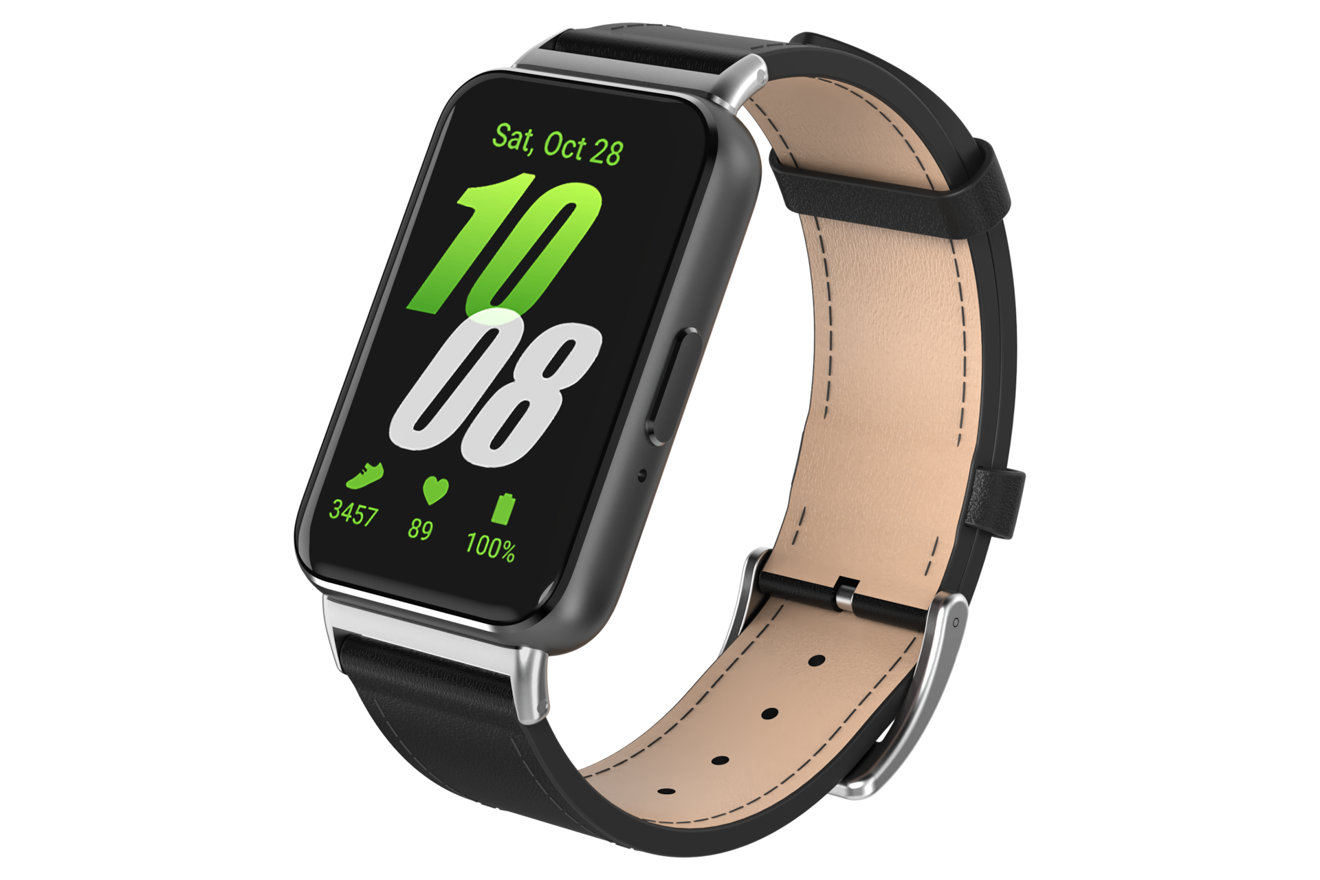 갤럭시 핏3 레더 밴드 (블랙) 기기와 체결된 좌측으로 45도 돌아간 정면 이미지