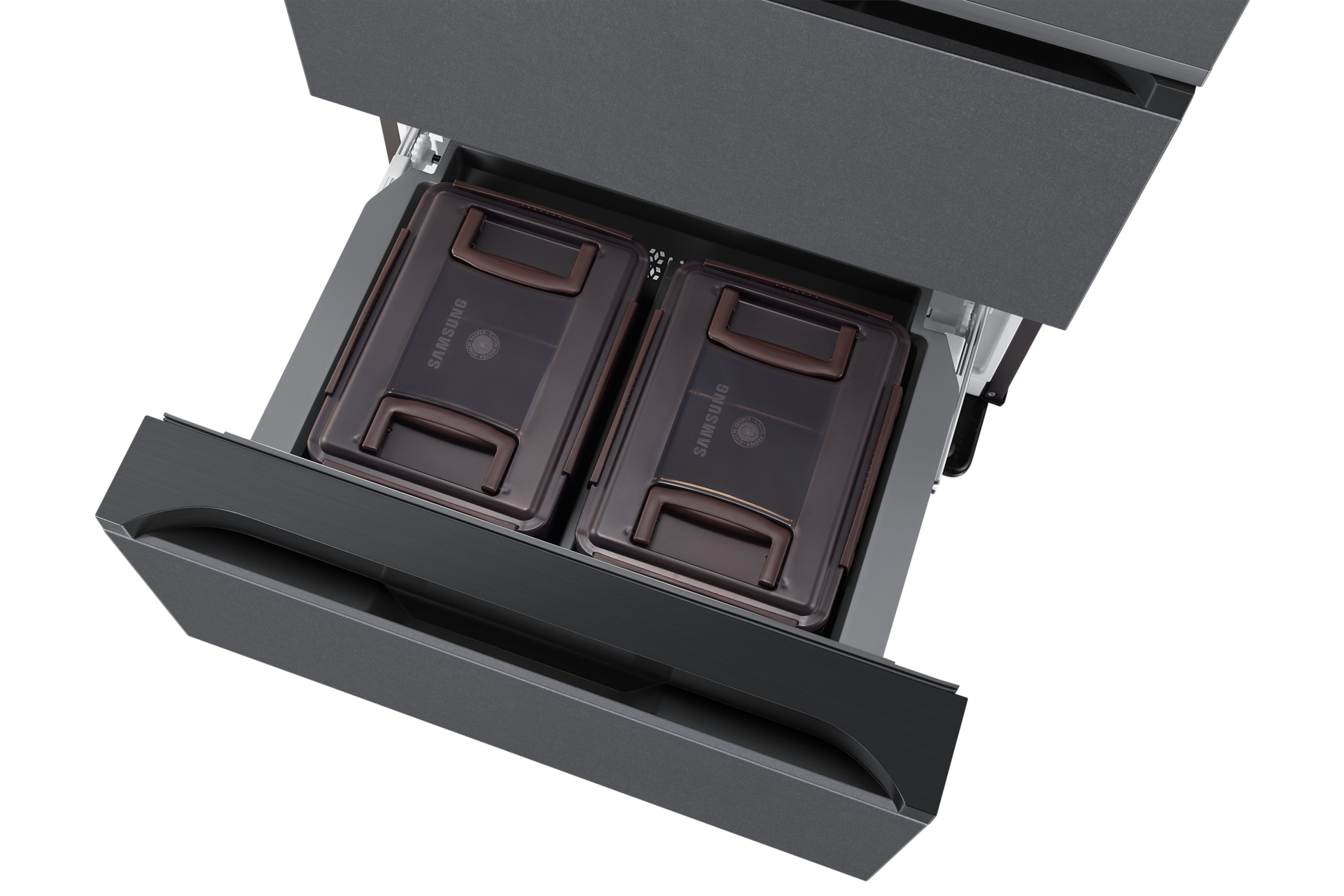 Bespoke AI 김치플러스 4도어 490L 에센셜 다크 메탈 하칸 슬라이드 아웃, 윗면 시점