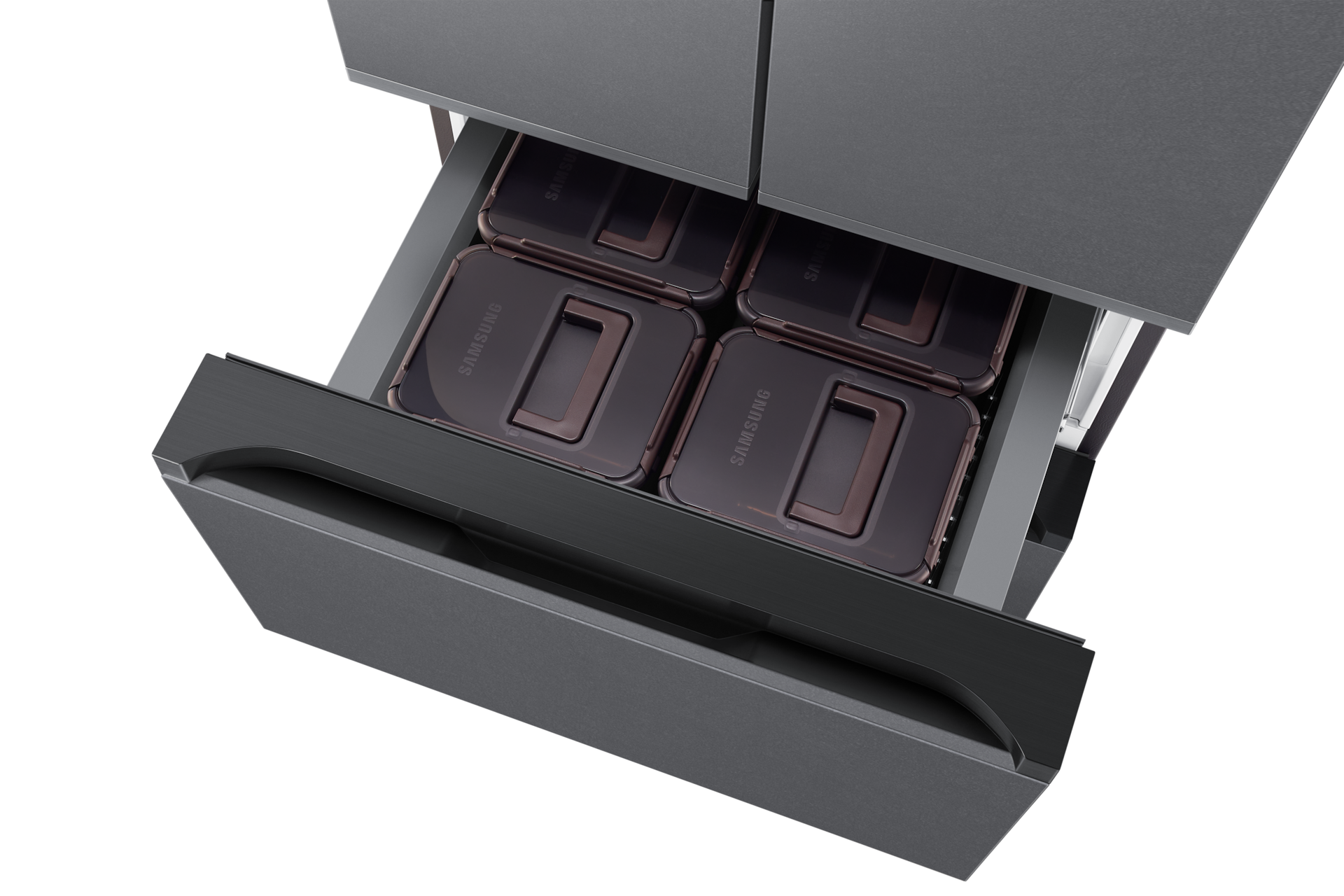 Bespoke AI 김치플러스 4도어 490L 에센셜 다크 메탈 중칸 슬라이드 아웃, 윗면 시점