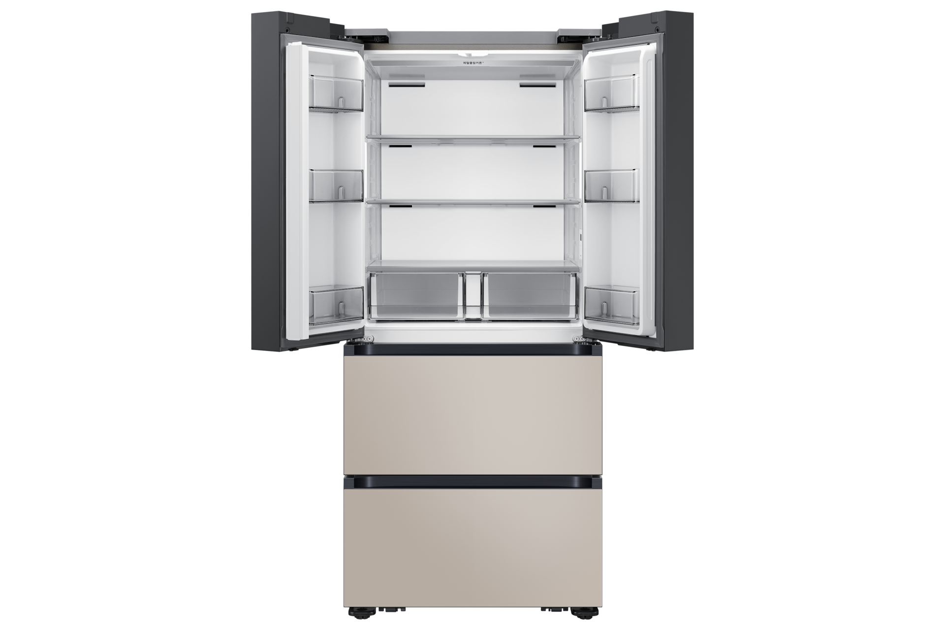 Bespoke AI 김치플러스 4도어 490L, 상칸 에센셜 화이트 / 중·하칸 에센셜 베이지 정면, 상칸 도어 열림