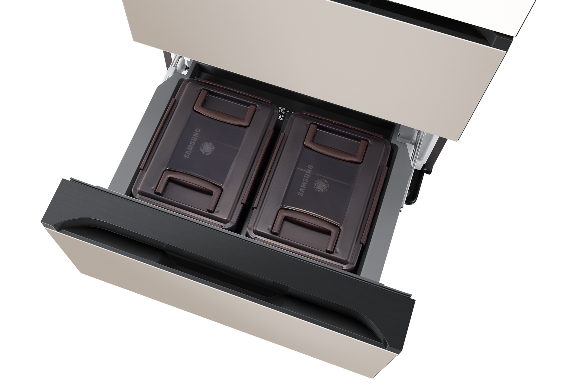 Bespoke AI 김치플러스 4도어 490L, 상칸 에센셜 화이트 / 중·하칸 에센셜 베이지 하칸 슬라이드 아웃, 윗면 시점