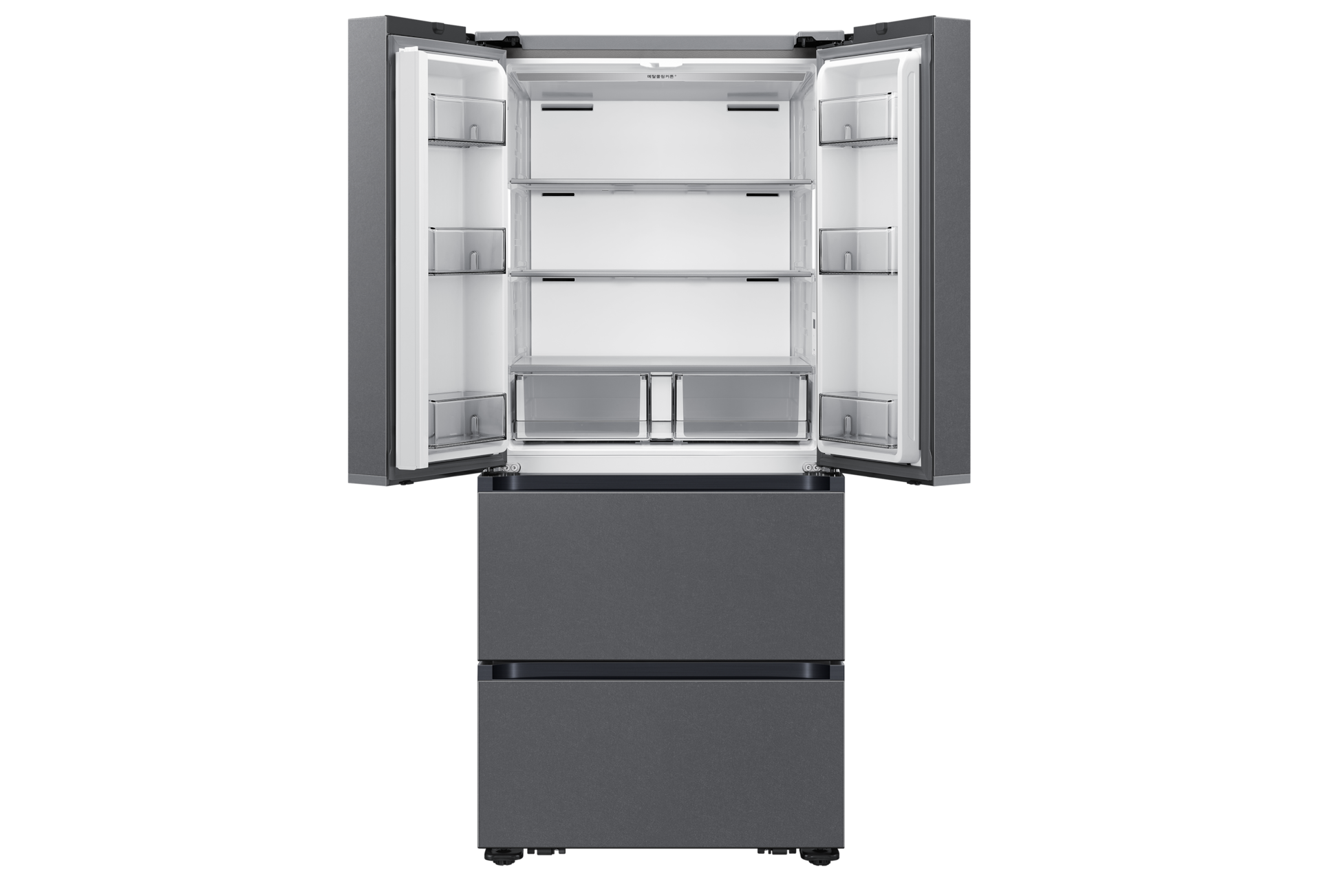 Bespoke AI 김치플러스 4도어 490L 에센셜 다크 메탈 정면, 상칸 도어 열림