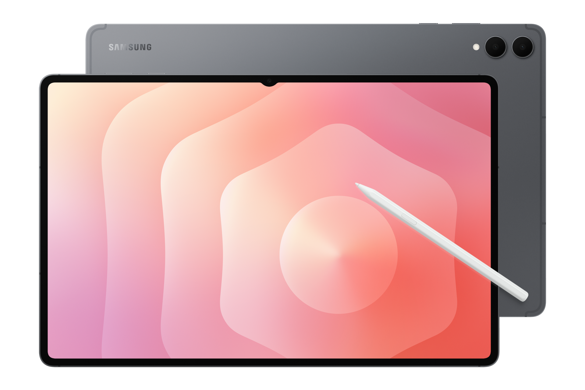 갤럭시 탭 S11 울트라 5G 그레이 뒷면이 보이는 탭 앞에 정면이 보이는 탭이 하나 더 있고 우측에 S펜이 보입니다.