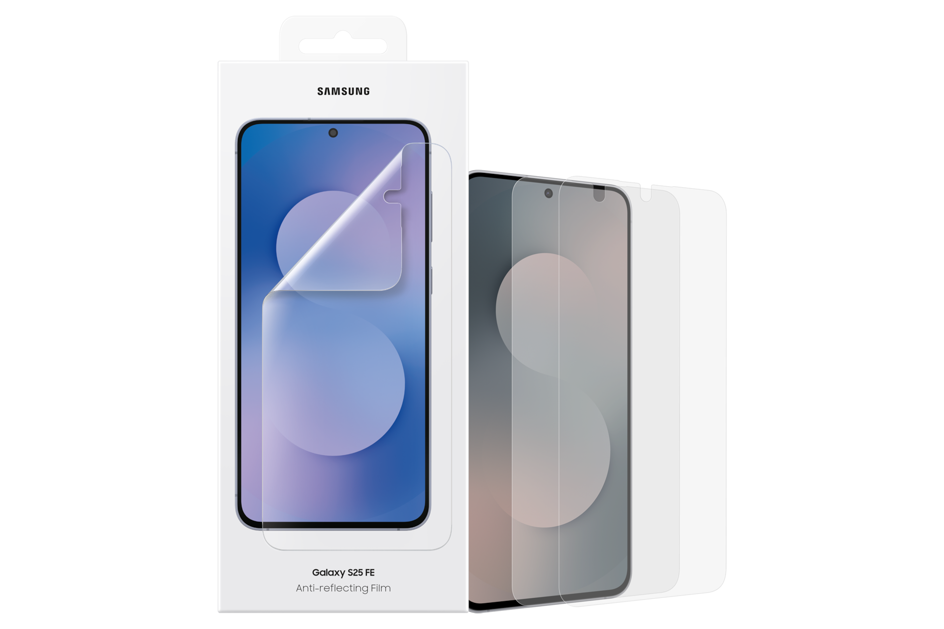 갤럭시 S25 FE AR 필름 (투명) 제품 상자와 보호필름이 제거된 제품과 기기가 겹쳐진 이미지
