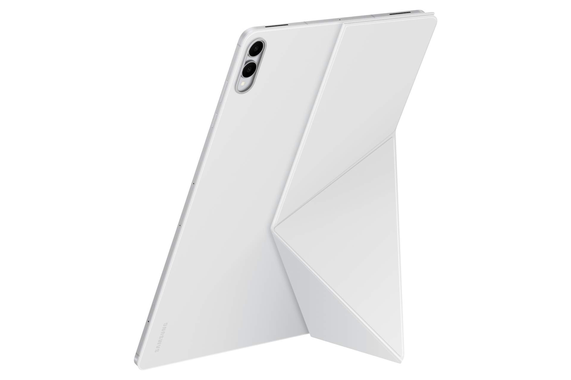 북커버 (갤럭시 탭 S11 울트라 전용) (화이트) 덮개를 세로모드로 세운 우측으로 45도 돌아간 후면 이미지