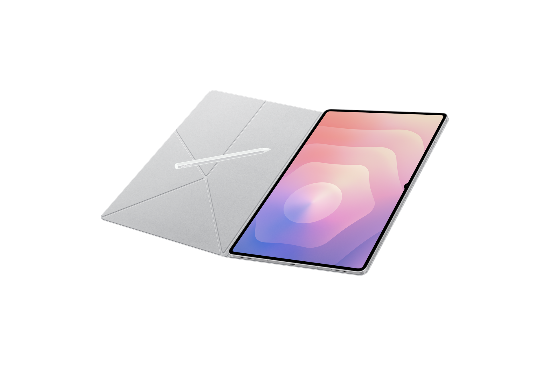 북커버 (갤럭시 탭 S11 울트라 전용) (화이트) 덮개가 열린 부분에 S펜이 있고 좌측으로 45도 돌아간 정면 이미지