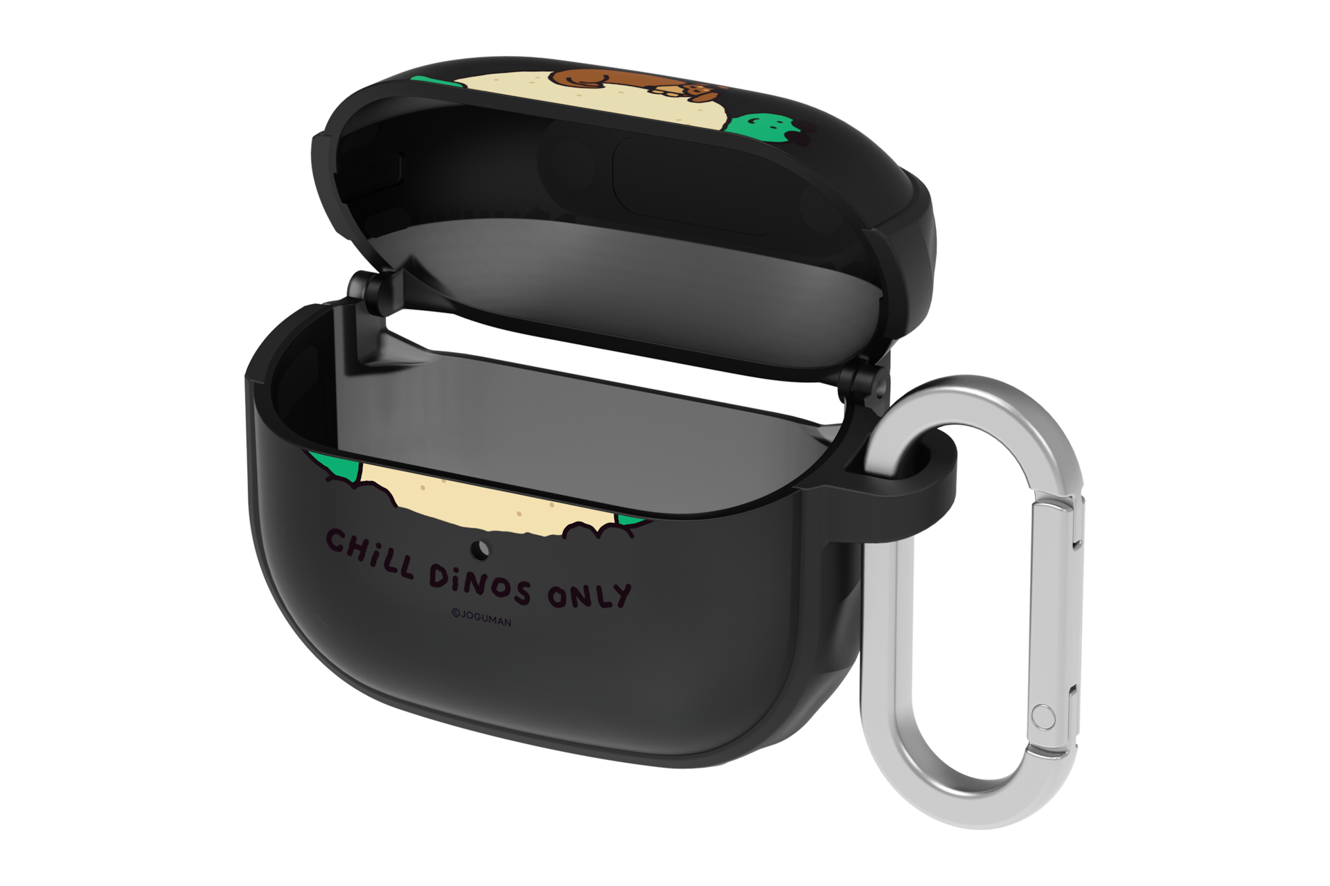 갤럭시 버즈3 FE 범퍼 케이스 위드 카라비너 (조구만) (블랙) 뚜껑이 열린채 좌측으로 45도 돌아간 정면 이미지