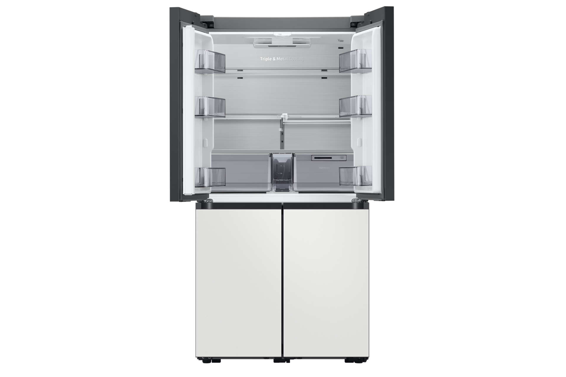 Bespoke 냉장고 4도어 키친핏 584L (UV탈취) 코타 화이트 상단 도어 오픈