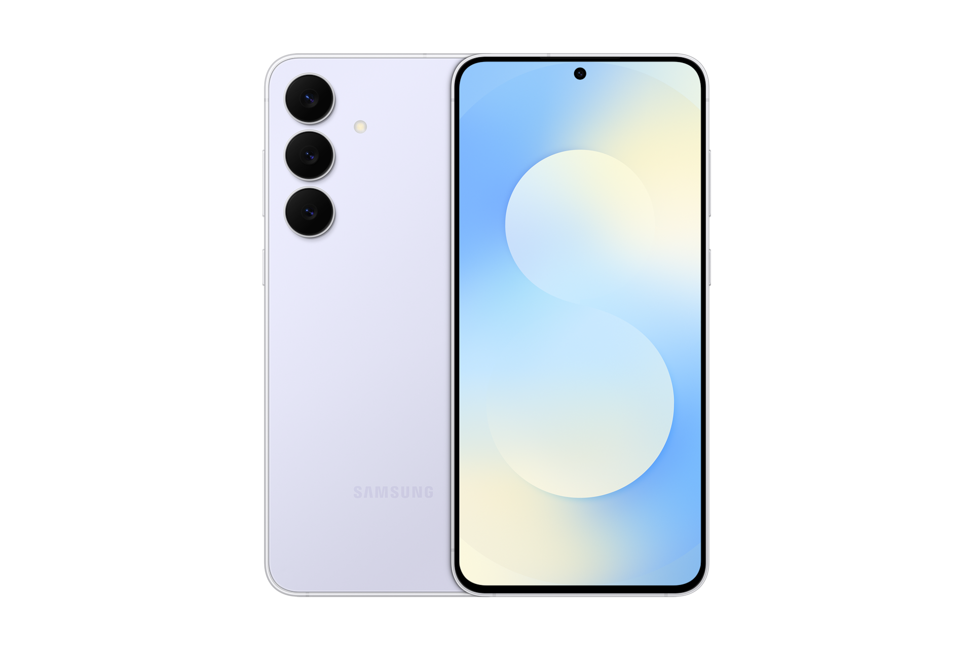 갤럭시 S25 FE 자급제 아이스블루 왼쪽에는 뒷면이 보이는 S25FE가, 오른쪽에는 정면이 보이는 S25 FE가 나란히 겹쳐 있습니다. 