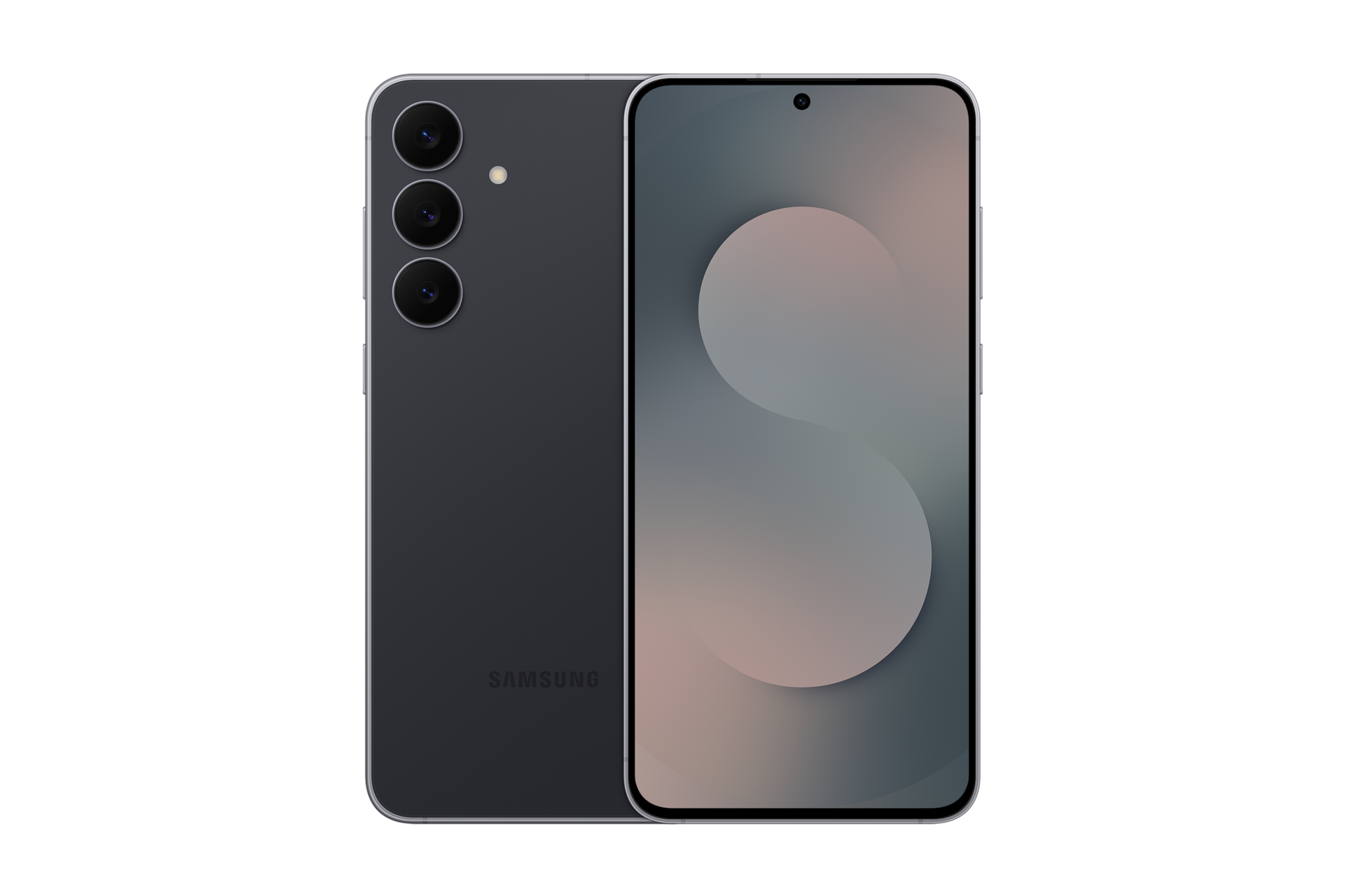 갤럭시 S25 FE 자급제 제트블랙 왼쪽에는 뒷면이 보이는 S25FE가, 오른쪽에는 정면이 보이는 S25 FE가 나란히 겹쳐 있습니다. 