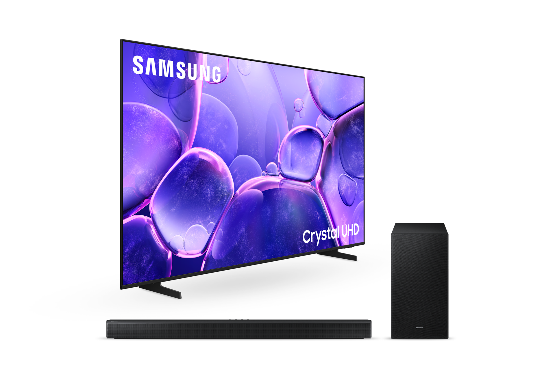 스탠드형 TV 좌측 30도 컷과 사운드바 정면이 보입니다.