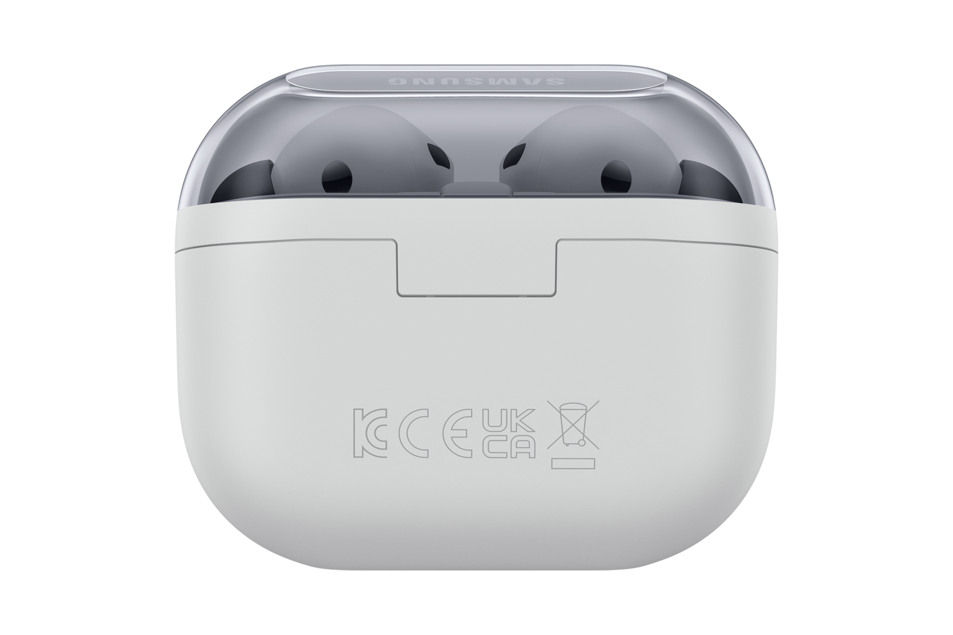 갤럭시 버즈3 FE 그레이 이어버드 장착된 케이스 닫힌 상태 뒷면