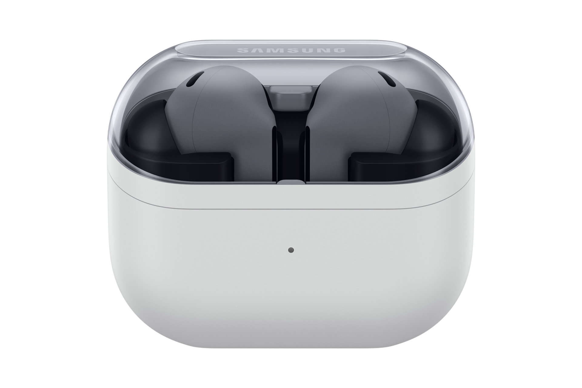 갤럭시 버즈3 FE 그레이 이어버드 장착된 케이스 닫히 상태 정면