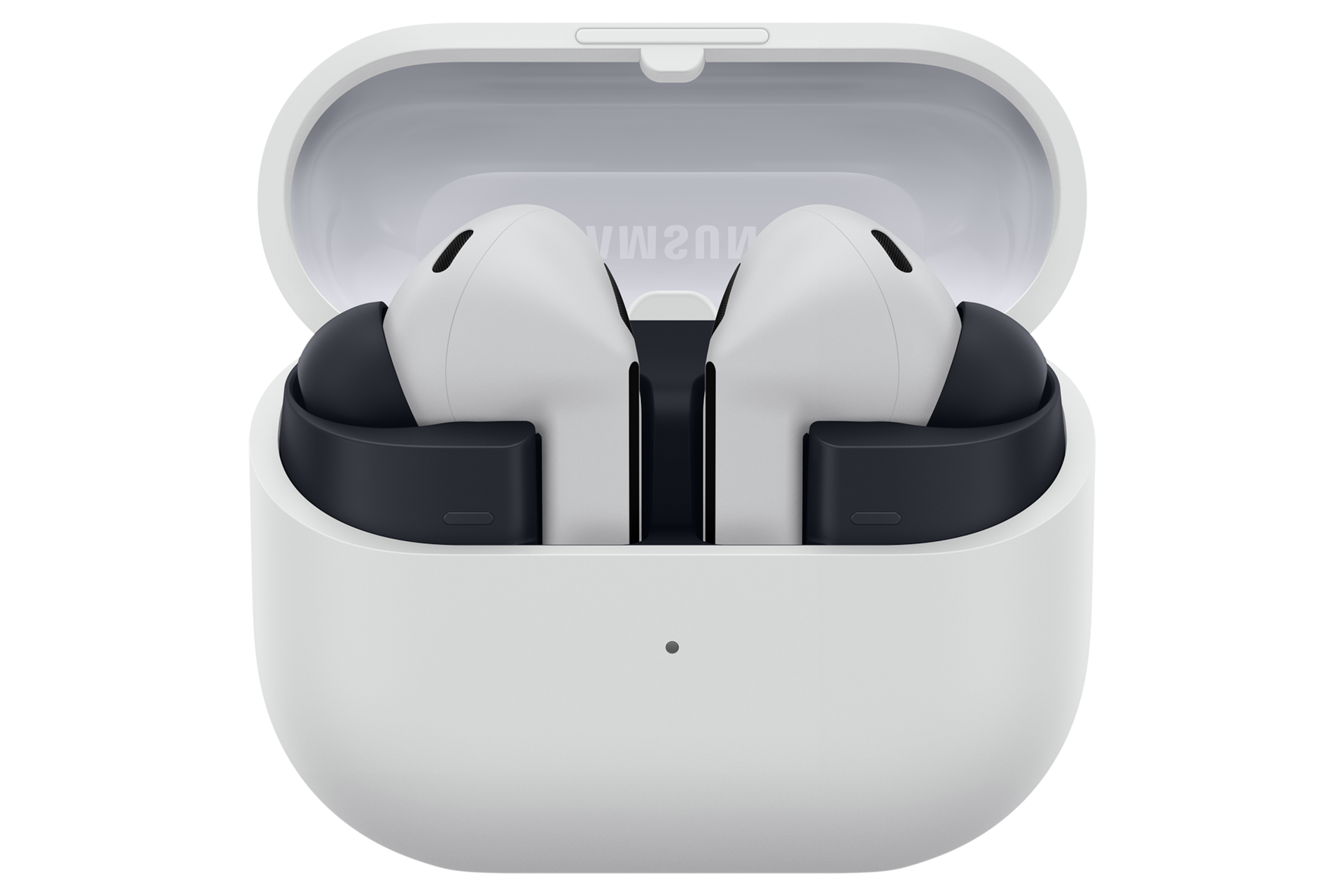 갤럭시 버즈3 FE 그레이 이어버드 장착된 케이스 열린 상태 정면