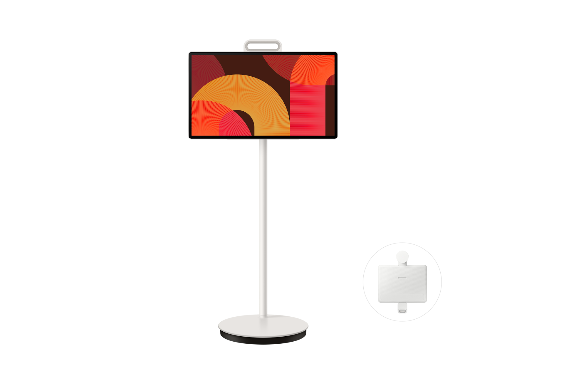 스탠드에 결합된 The Movingstyle 정면과 우측 하단 원 안에 슬림핏 카메라 화이트 정면이 보입니다.