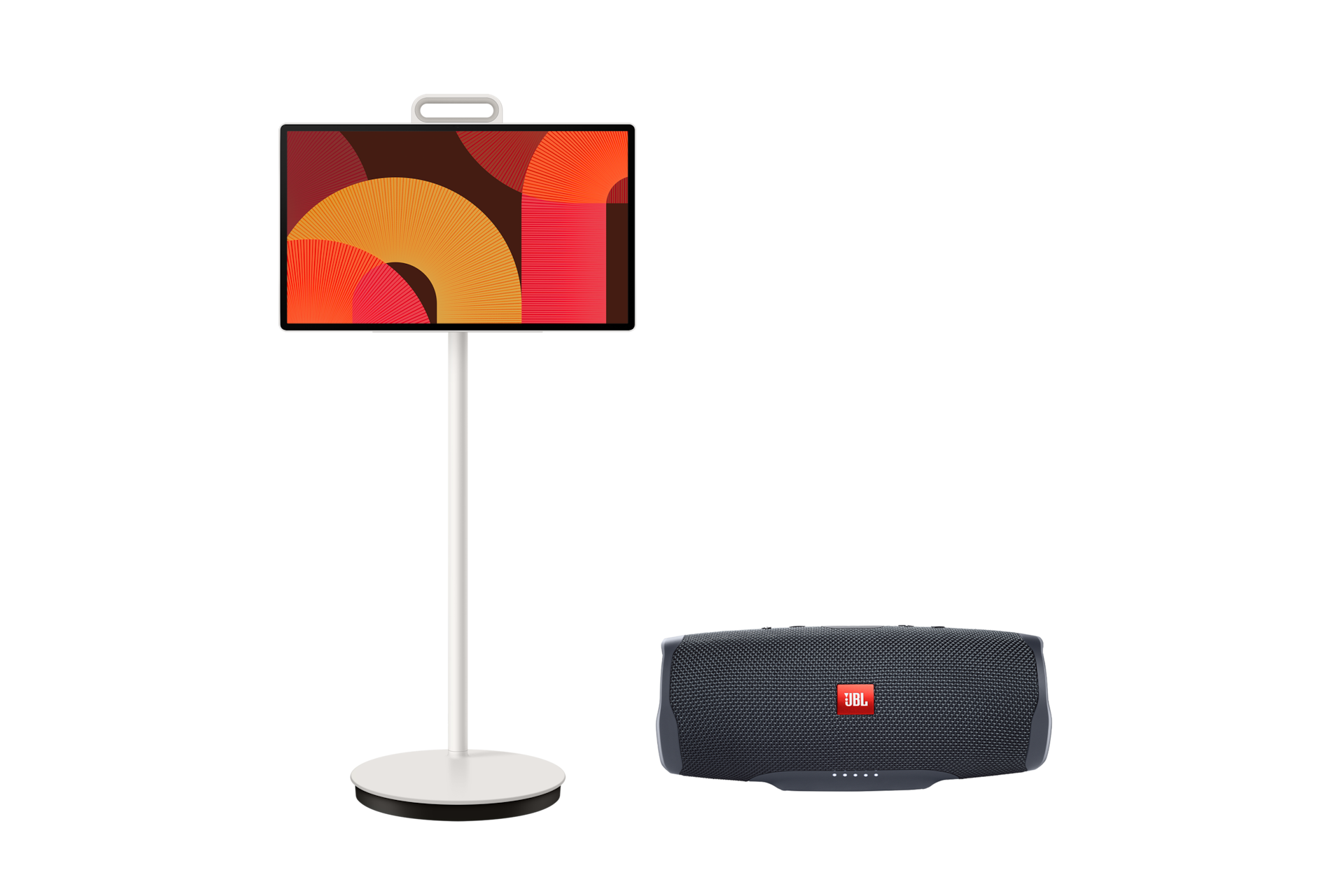 스탠드에 결합된 The Movingstyle 정면과 우측 하단 JBL CHARGE ESSENTIAL 2 블루투스 스피커 정면이 보입니다.