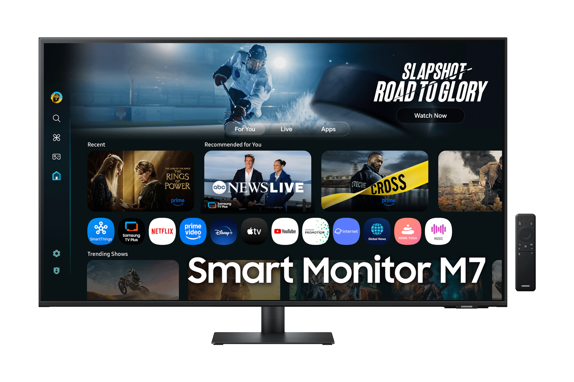 43인치 삼성 스마트 모니터 M7의 전면입니다. 화면에 다양한 콘텐츠와 앱이 정렬된 스마트 TV 앱 페이지를 표시하고 있습니다. 모니터 옆에 리모컨이 있습니다.