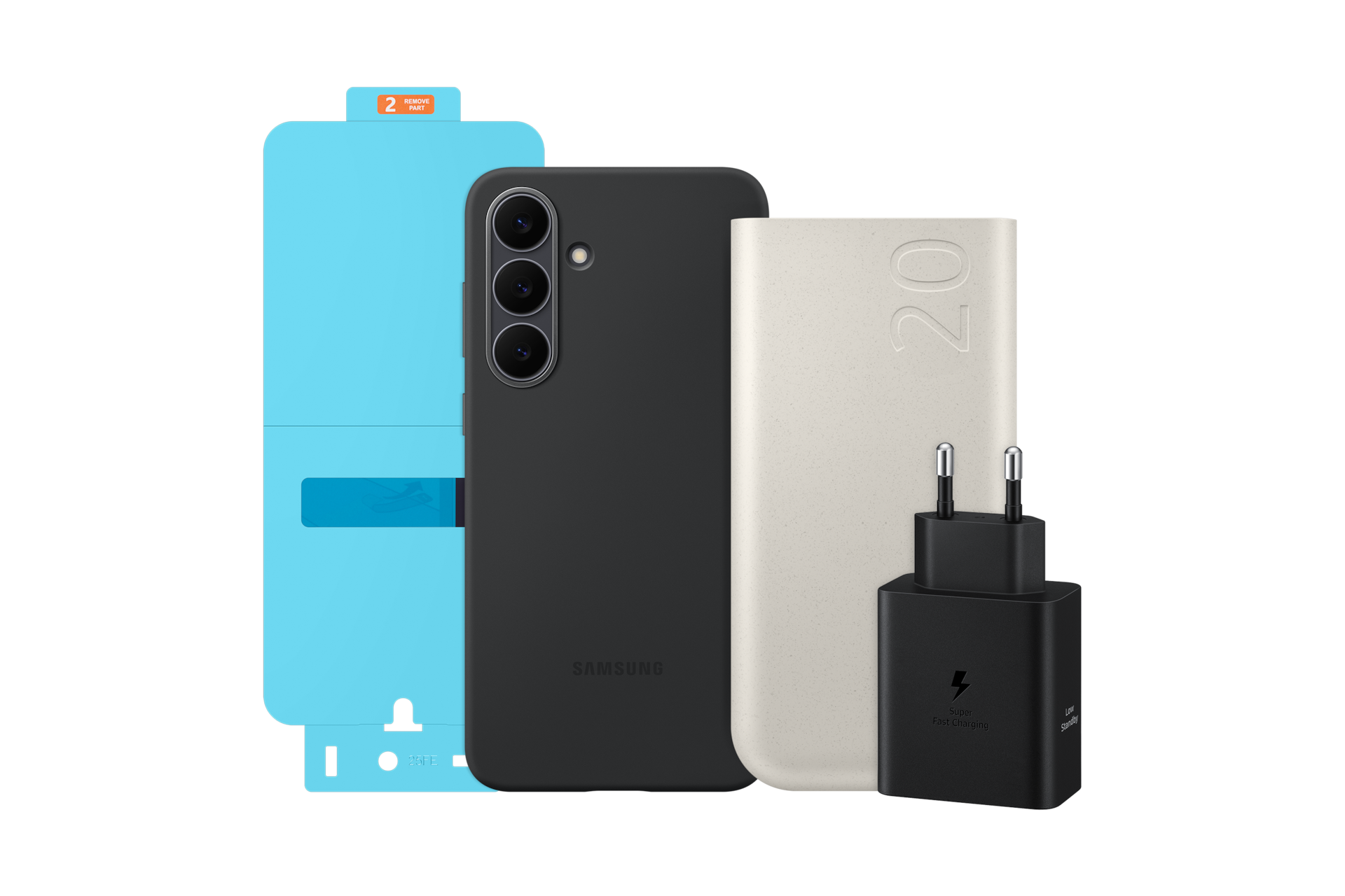 갤럭시 S25 FE 실리콘 케이스 (블랙) + 갤럭시 S25 FE AR 필름 + PD 배터리팩 20,000mAh (45W) + 50W 듀얼 PD 충전기 절전형 (USB C to C 케이블 포함) 첫번째 이미지