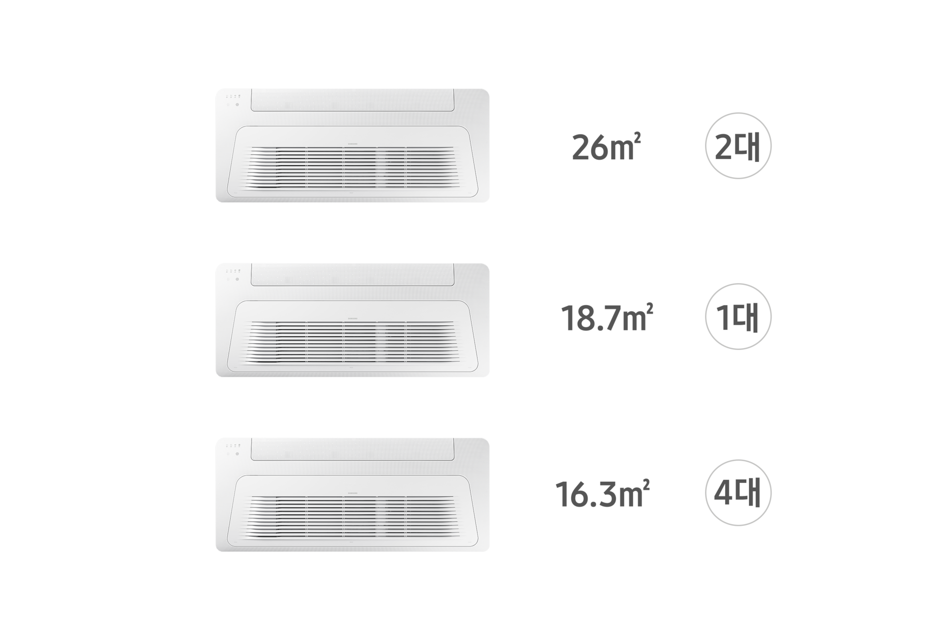가정용 무풍 시스템에어컨 135.9㎡ 7실 시스템에어컨 단품 실내기 3줄로 나열되어 보이며 윗줄 부터 AJ032BN1PBC1 26㎡ 2대, AJ023BN1PBC1 18.7㎡ 1대, AJ020BN1PBC1 16.3 ㎡ 4대 가 보여집니다.