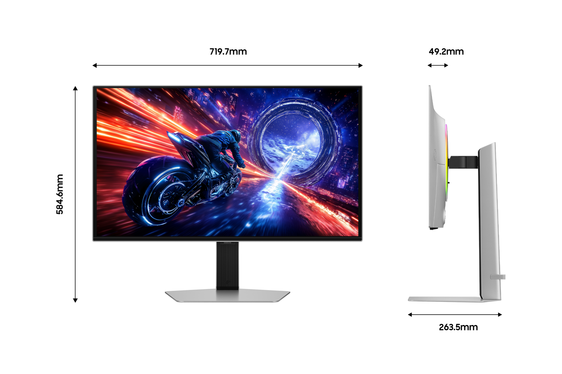 QHD 오디세이 OLED G6 500Hz 모니터 화면 가로(719.7mm) 세로(584.6mm) 두께(49.2mm) 받침대 폭(263.5mm)
