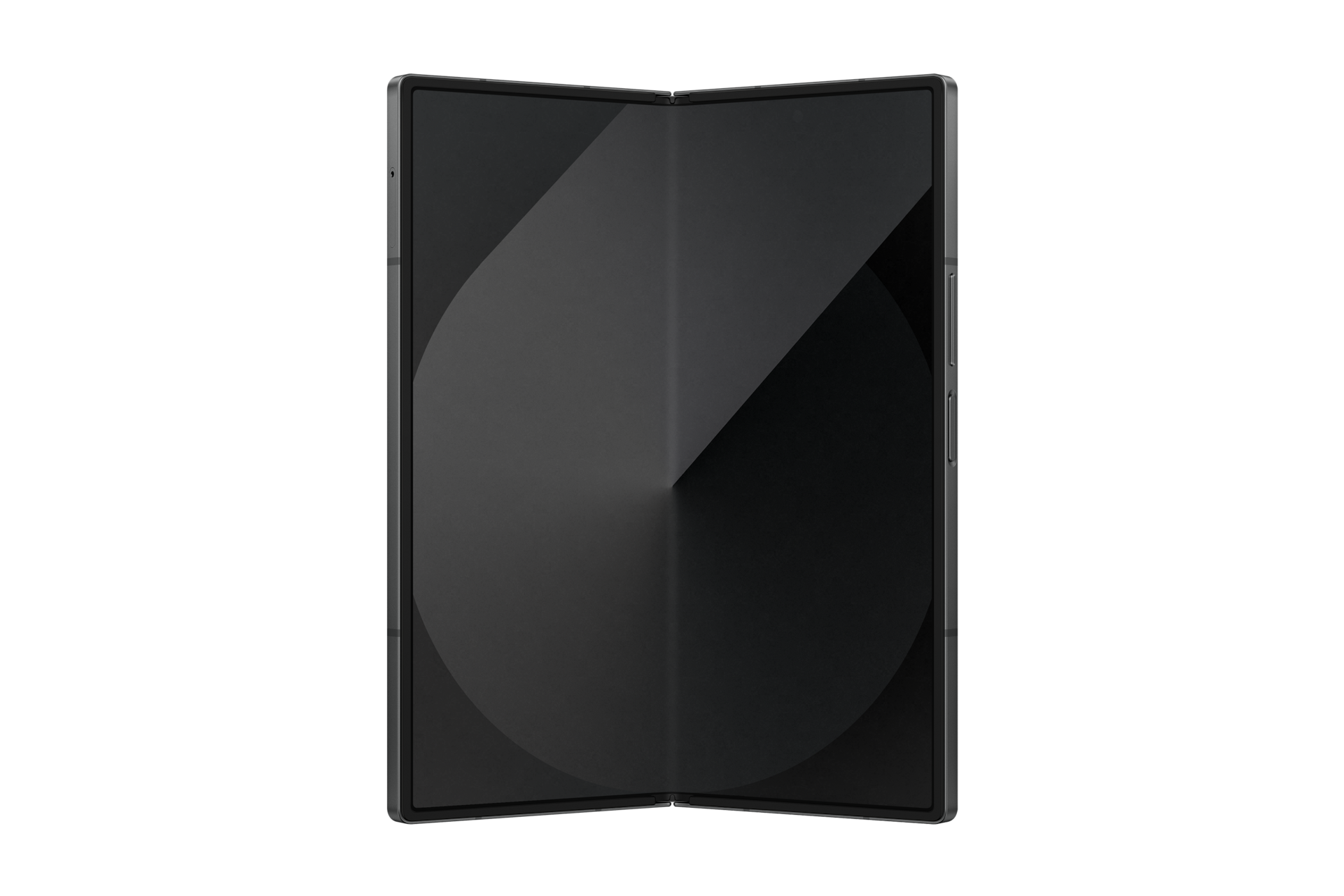 갤럭시 Z 폴드6 인증중고폰 자급제 (삼성닷컴/삼성 강남 전용컬러) 크래프티드 블랙 160도 정도 펼쳐진 상태로 메인 디스플레이가 보이는 정면
