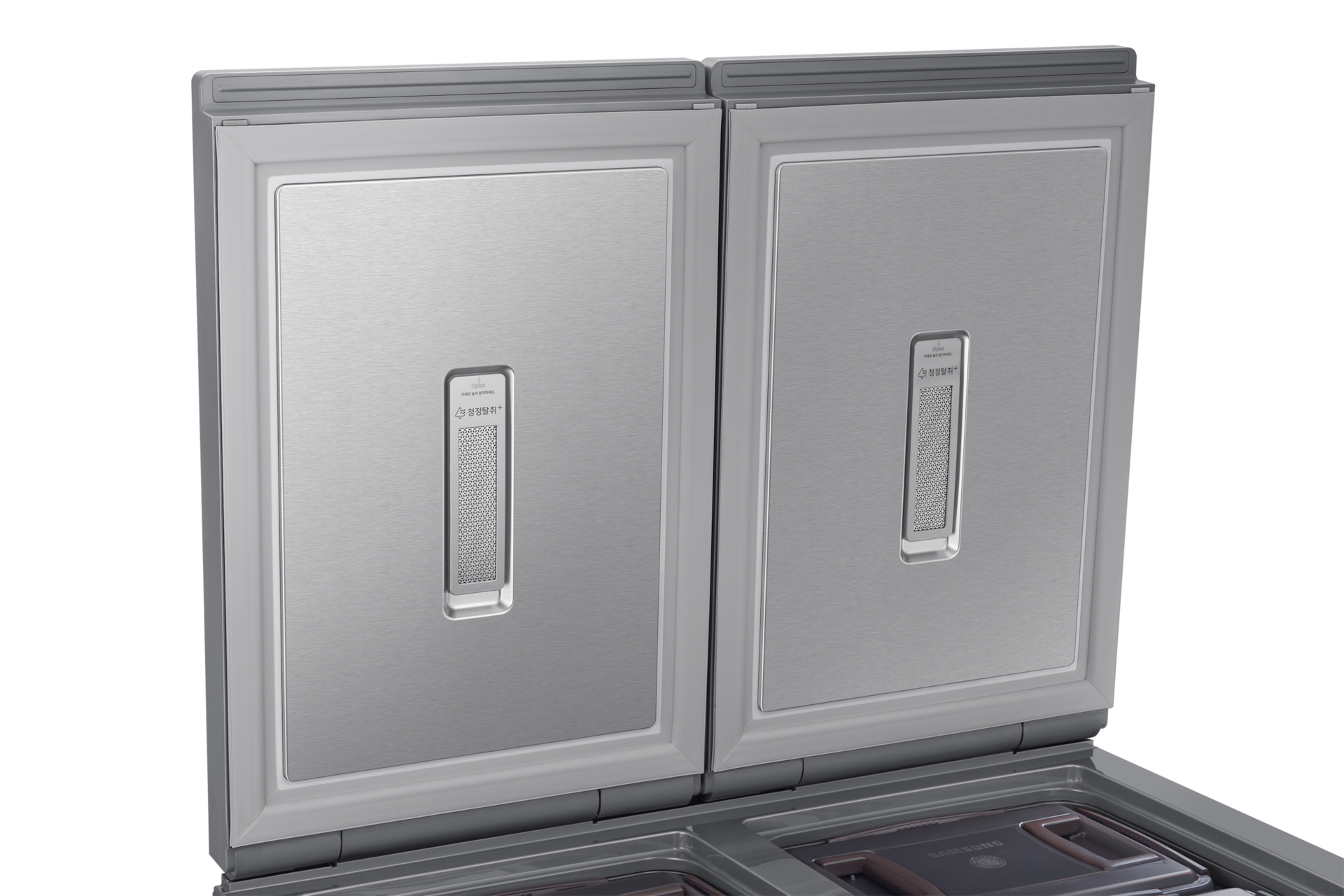 Bespoke 김치플러스 뚜껑형 221L (5면 메탈쿨링) 핑크, 양쪽 뚜껑 열림(확대컷)