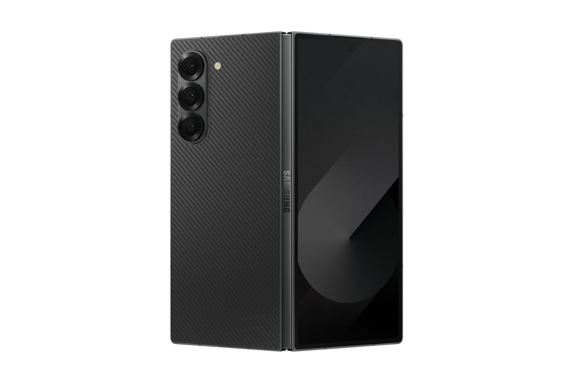 갤럭시 Z 폴드6 인증중고폰 자급제 (삼성닷컴/삼성 강남 전용컬러) 크래프티드 블랙 160도 정도 펼쳐진 상태로 외부 디스플레이와 카메라 홀이 보이는 뒷면