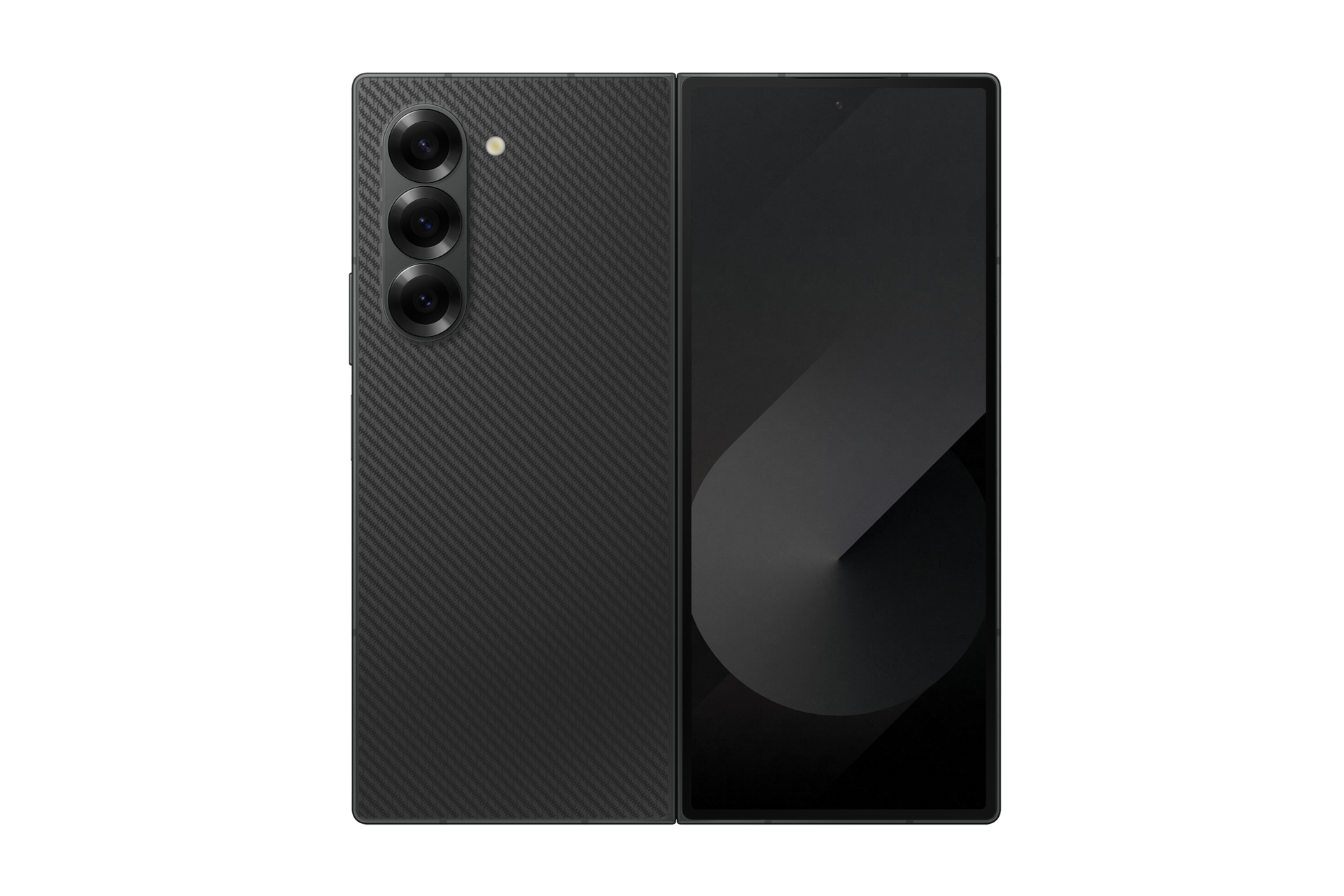 갤럭시 Z 폴드6 인증중고폰 자급제 (삼성닷컴/삼성 강남 전용컬러) 크래프티드 블랙 완전히 펼쳐진 상태로 좌측 카메라 홀과 우측 외부 디스플레이가 보이는 뒷면