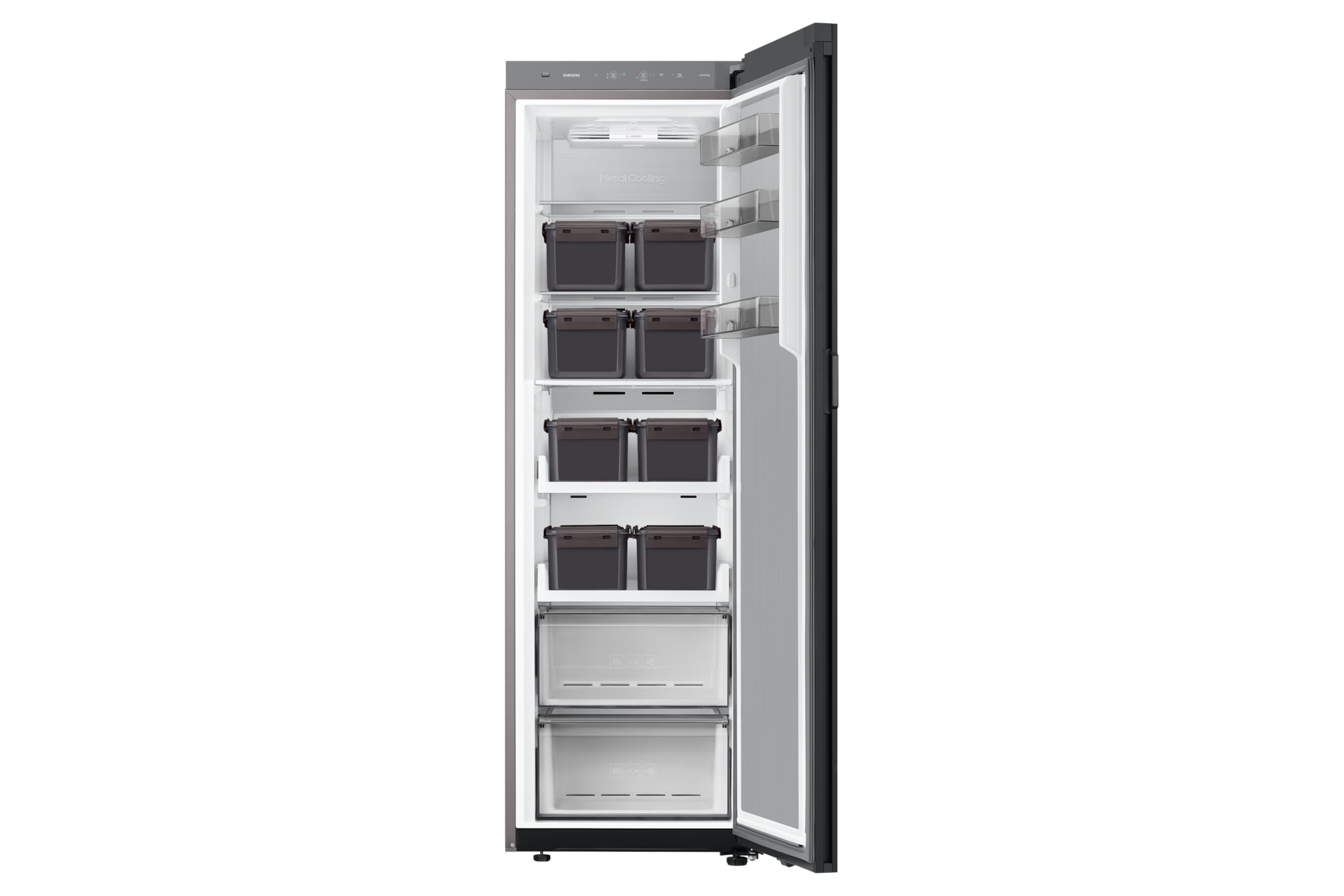 Bespoke AI 김치플러스 1도어 키친핏 347L (좌열림) 코타 화이트 정면 도어 오픈 내상 김치통 있음