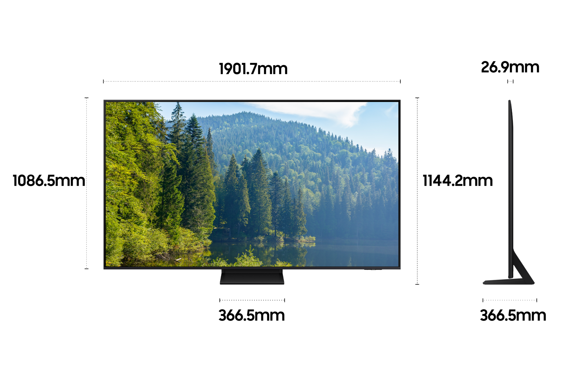 2025 Neo QLED QNF70 (214cm) 스탠드형 상세사이즈가 기재된 디멘션 컷