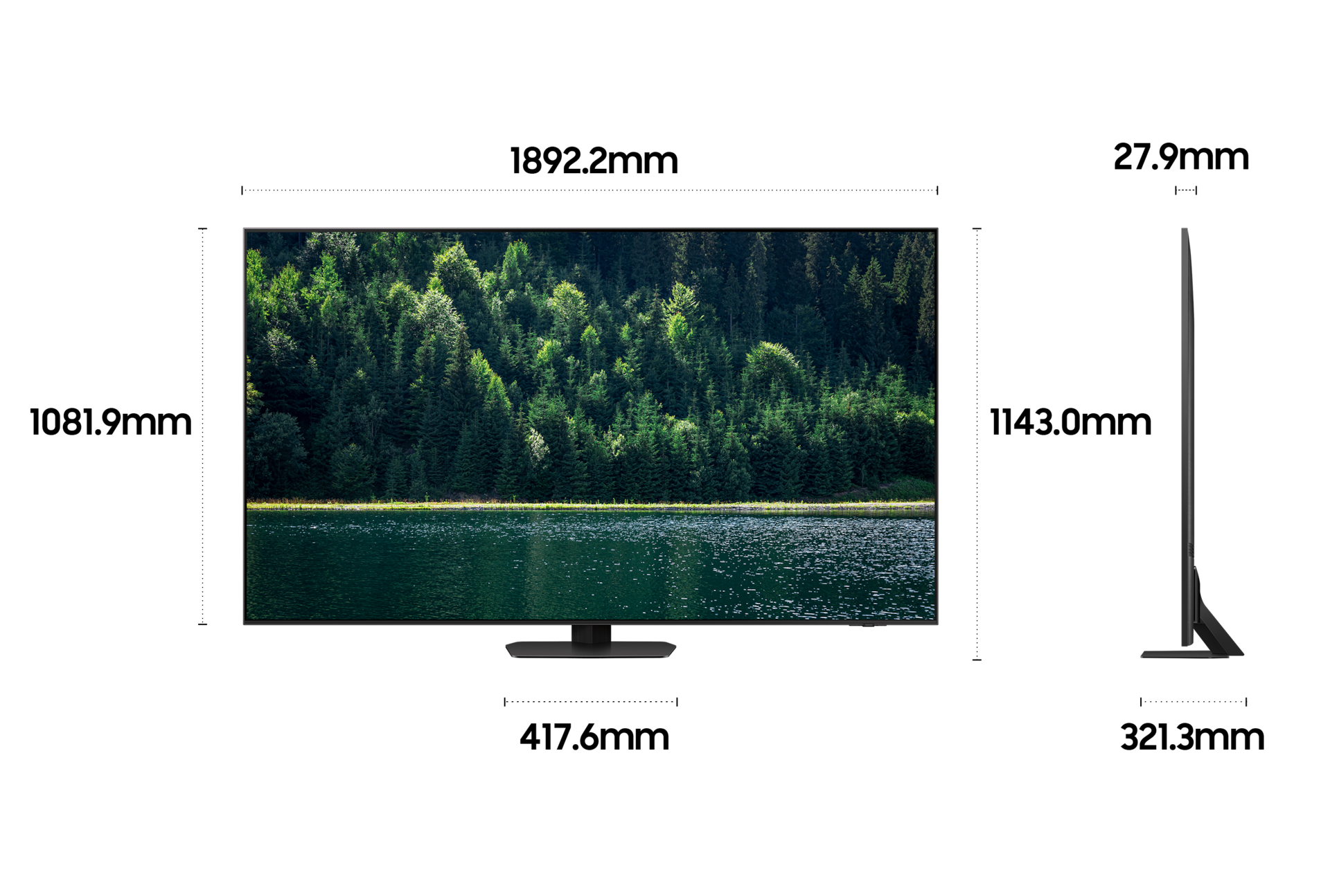 2025 Neo QLED QNF95 (214cm) 스탠드형 상세사이즈가 기재된 디멘션 컷