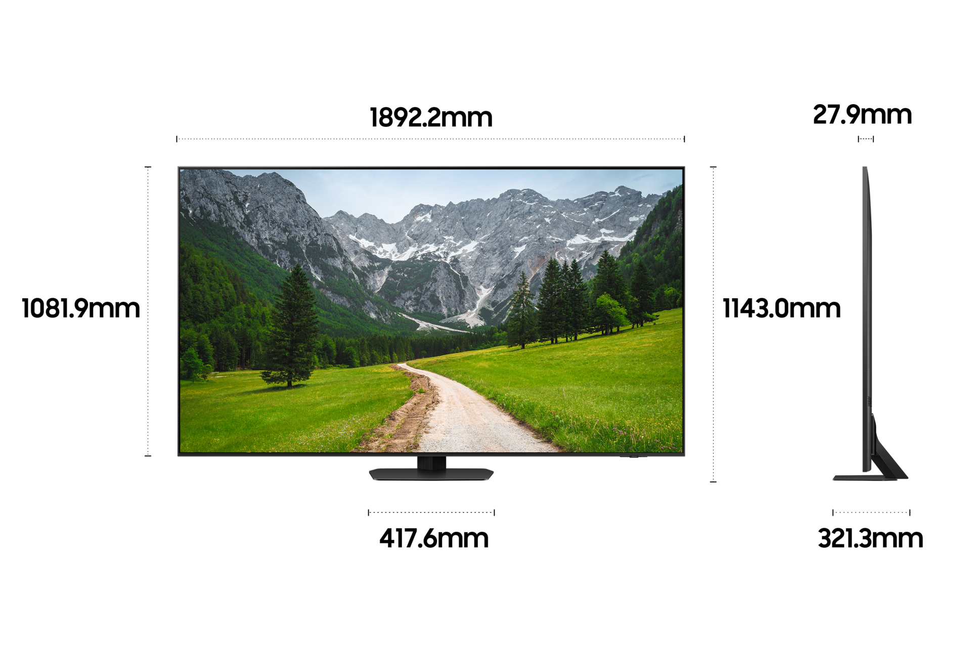 2025 Neo QLED QNF90 (214cm) 스탠드형 상세사이즈가 기재된 디멘션 컷