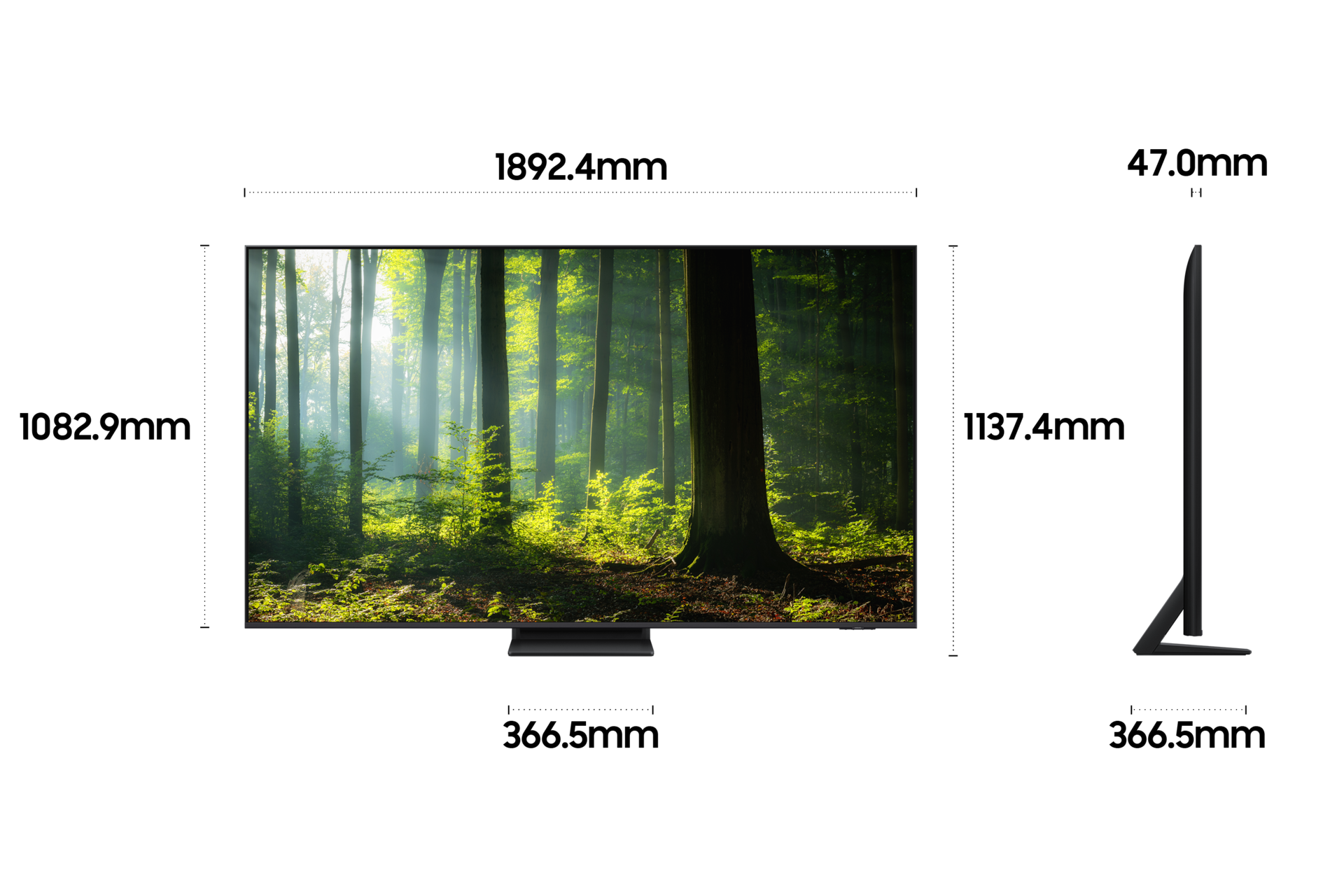 2025 Neo QLED QNF85 (214cm) 스탠드형 상세사이즈가 기재된 디멘션 컷