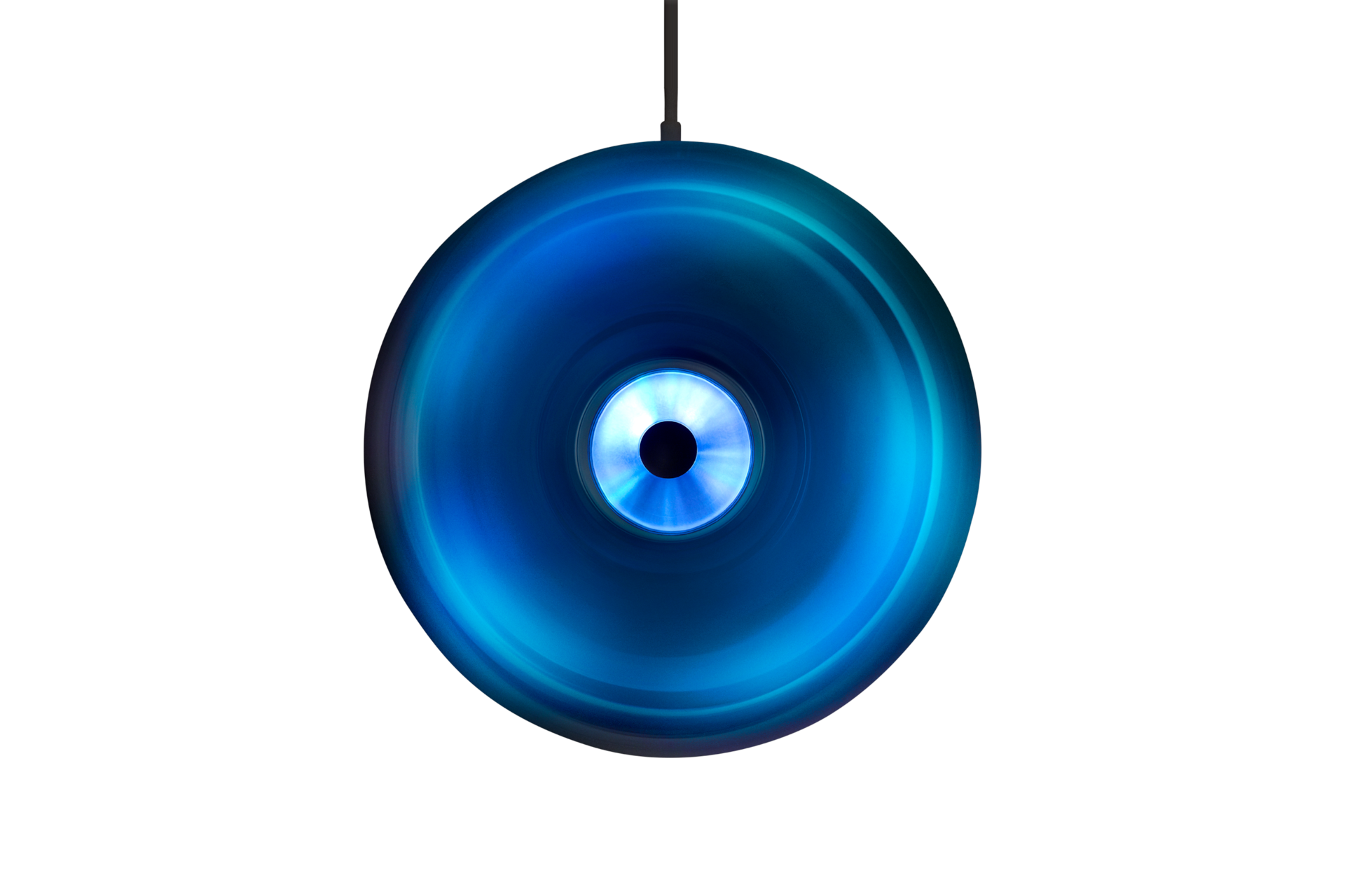 하만카돈 AURA STUDIO 5 블루투스 스피커 블랙 상단 이미지며, 스피커에 푸른색 조명이 켜져 있습니다.