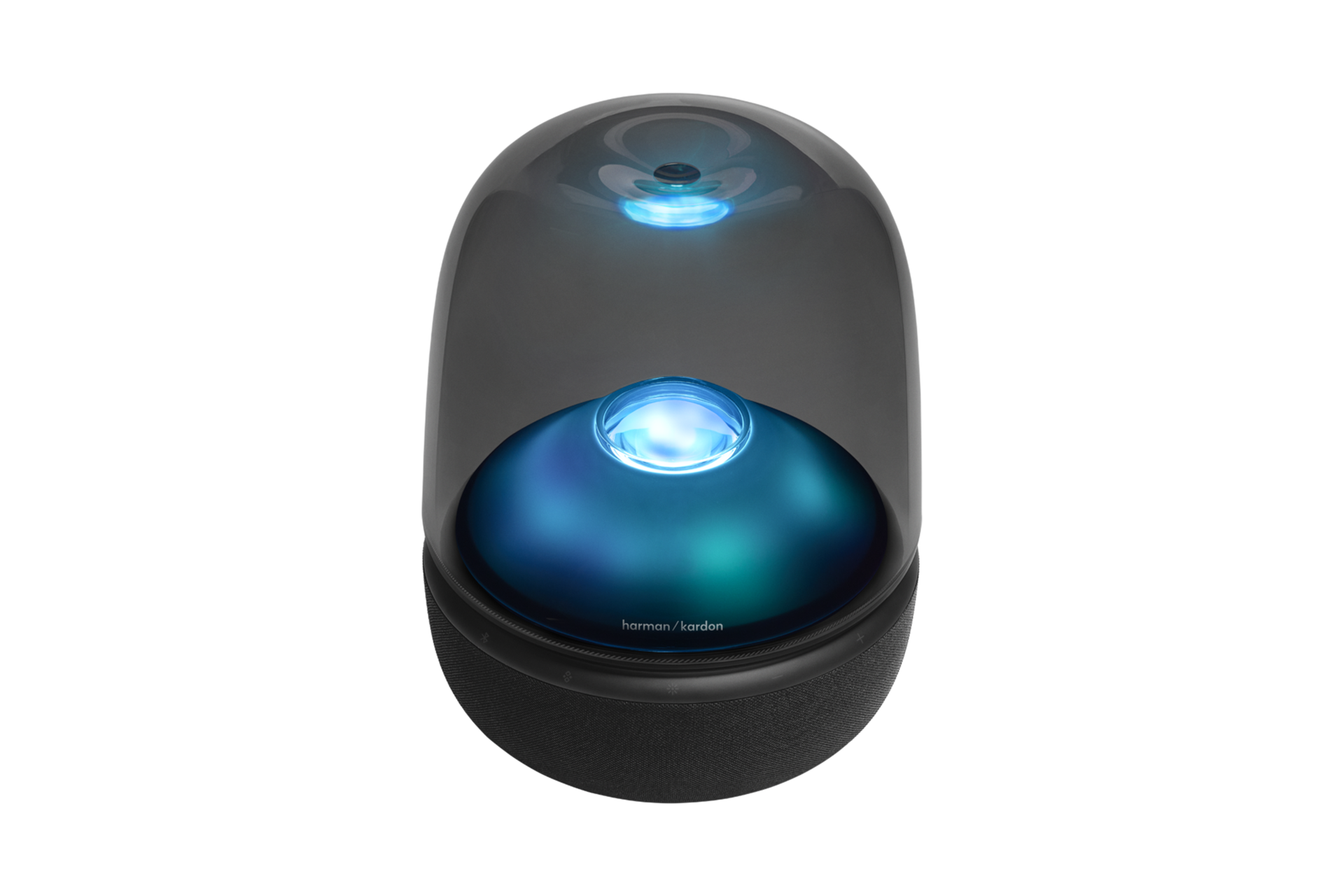 하만카돈 AURA STUDIO 5 블루투스 스피커 블랙 위로 15도로 기울어진 이미지며, 스피커에 푸른색 조명이 켜져 있습니다.
