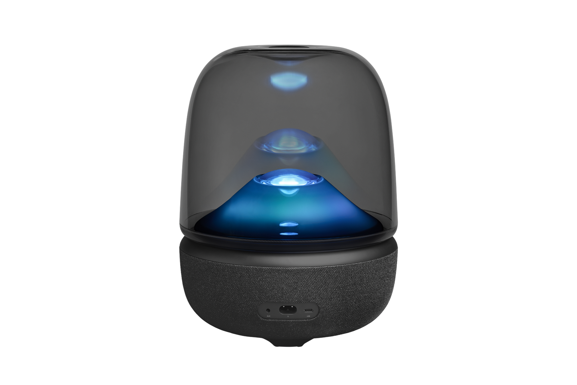 하만카돈 AURA STUDIO 5 블루투스 스피커 블랙 뒷면 이미지며, 스피커에 푸른색 조명이 켜져 있습니다.