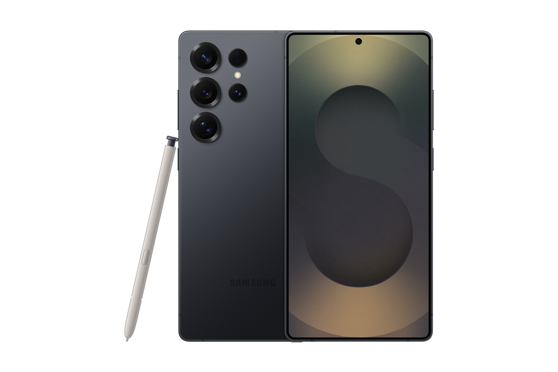 갤럭시 S25 울트라 인증중고폰 자급제 (삼성닷컴 전용컬러), 16GB+1TB 티타늄 제트 블랙 왼쪽부터 터치펜, 카메라홀이 보이는 뒷면, 디스플레이가 보이는 앞면 으로 놓인 폰 2대가 나란히 놓여 있습니다.