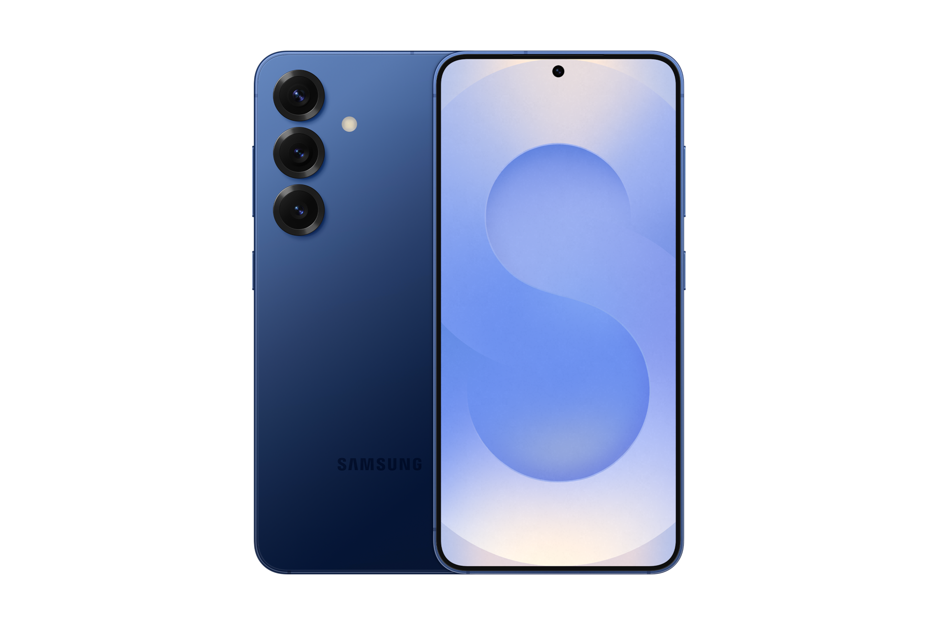 갤럭시 S25 인증중고폰 자급제 네이비 왼쪽부터 카메라홀이 보이는 뒷면, 디스플레이가 보이는 앞면 으로 놓인 폰 2대가 나란히 놓여 있습니다.  
