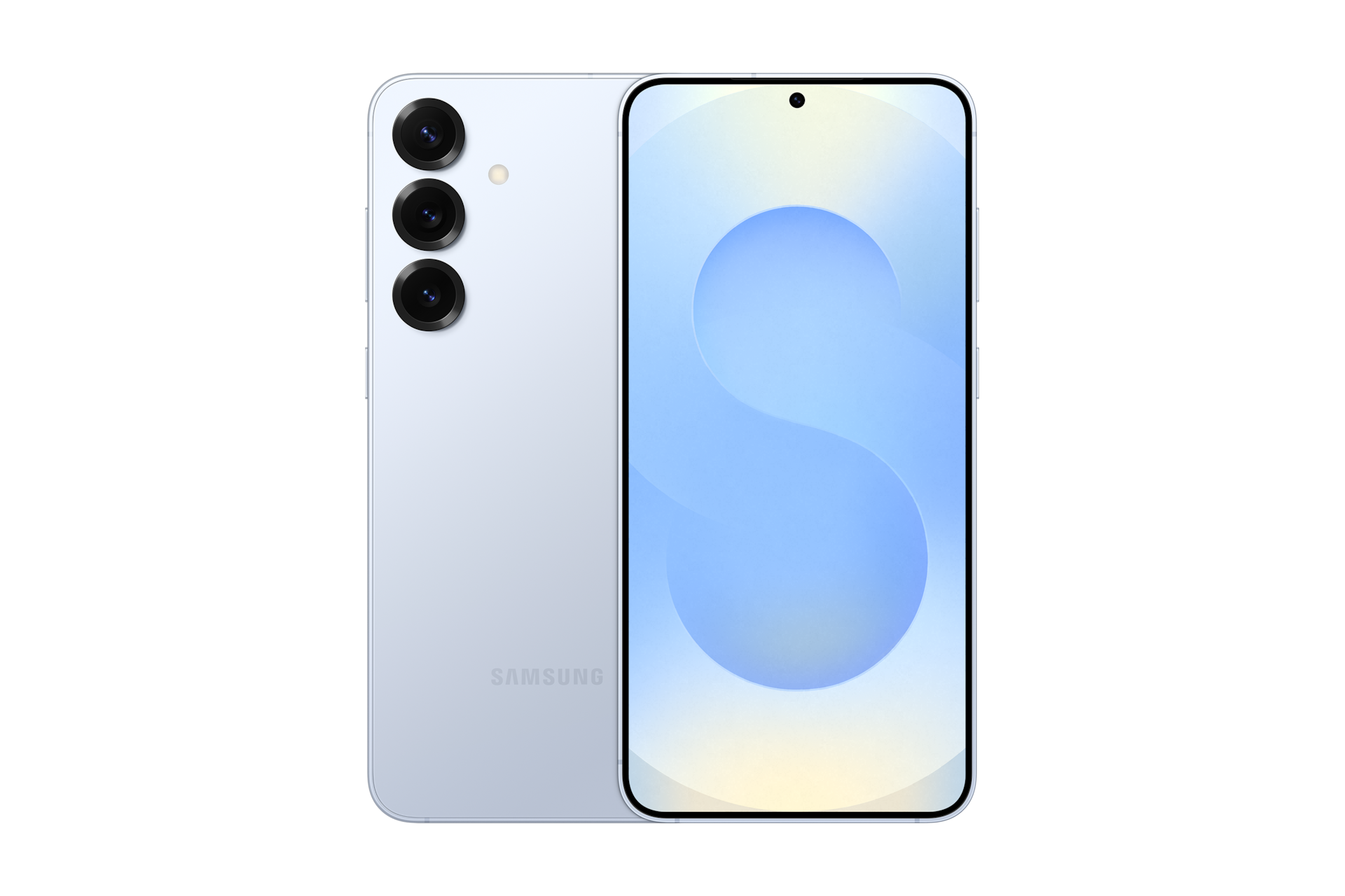 갤럭시 S25+ 인증중고폰 자급제 아이스 블루 왼쪽부터 카메라홀이 보이는 뒷면, 디스플레이가 보이는 앞면 으로 놓인 폰 2대가 나란히 놓여 있습니다.  