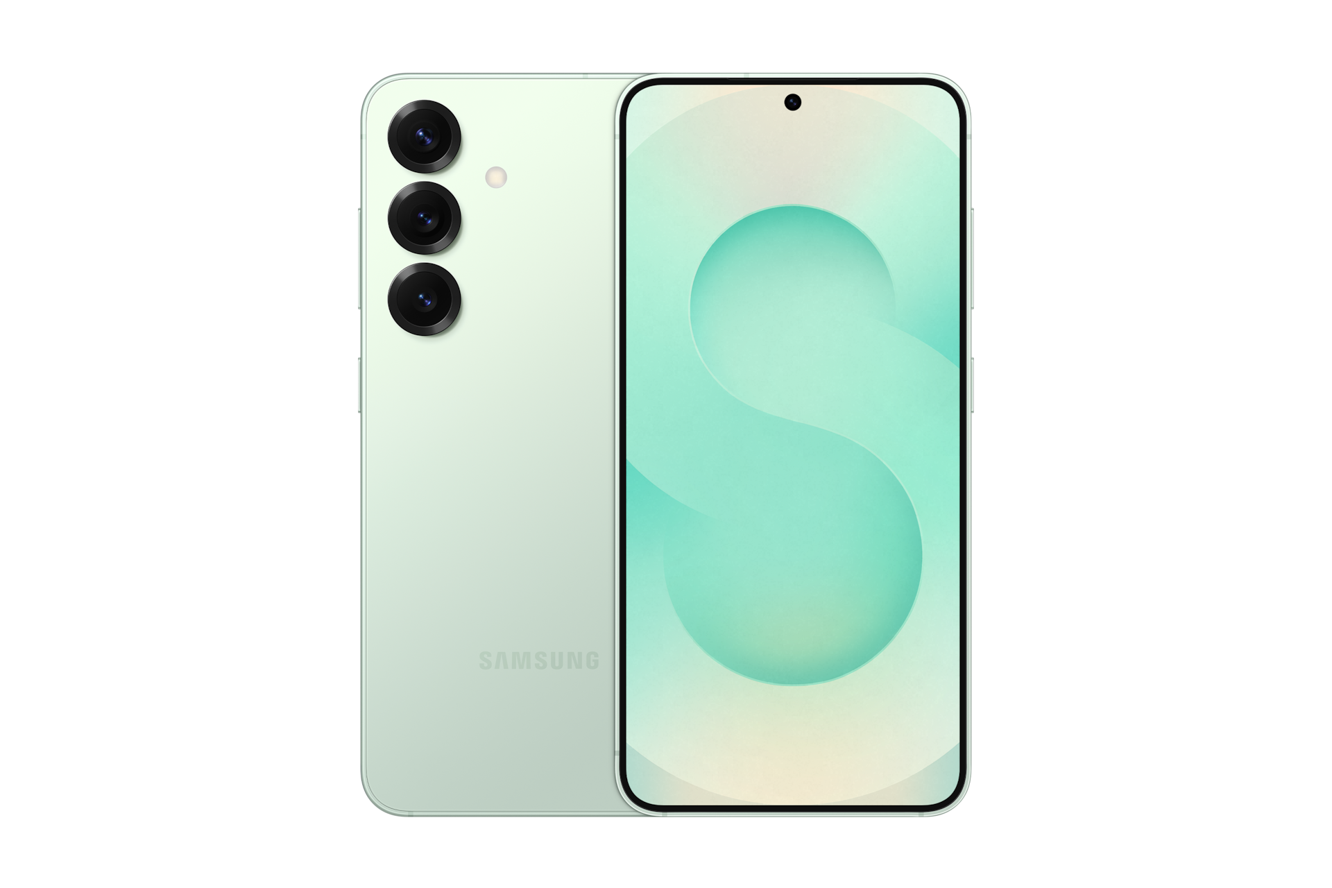 갤럭시 S25 인증중고폰 자급제 민트 왼쪽부터 카메라홀이 보이는 뒷면, 디스플레이가 보이는 앞면 으로 놓인 폰 2대가 나란히 놓여 있습니다.  