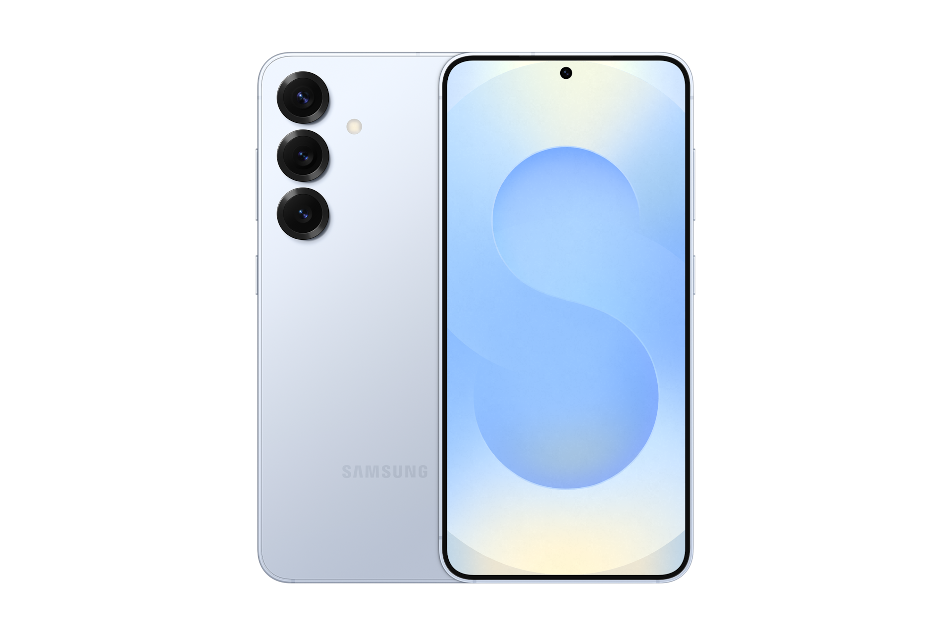 갤럭시 S25 인증중고폰 자급제 아이스블루 왼쪽부터 카메라홀이 보이는 뒷면, 디스플레이가 보이는 앞면 으로 놓인 폰 2대가 나란히 놓여 있습니다.  