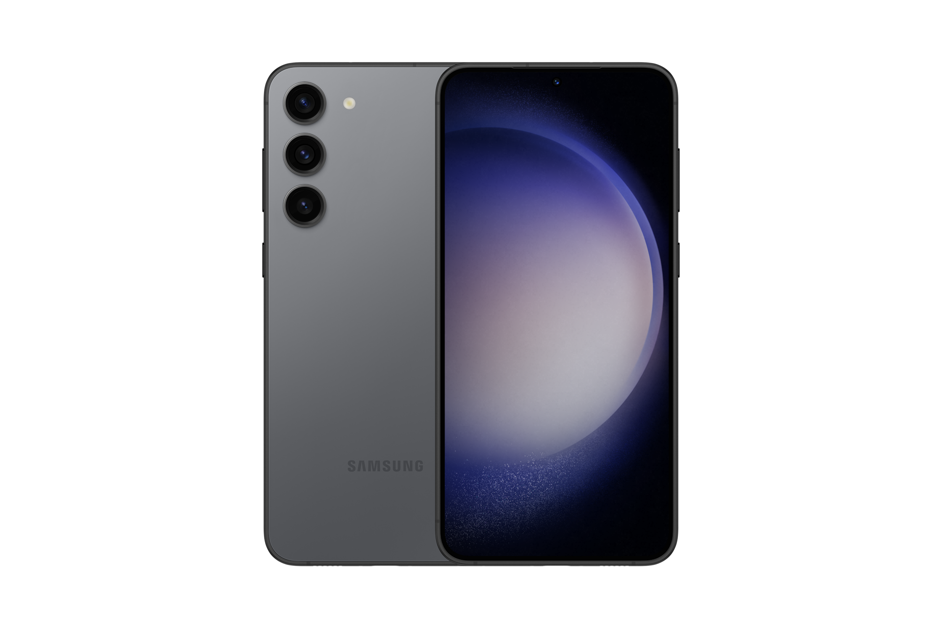 갤럭시 S23+ 인증중고폰 자급제 (삼성닷컴/삼성 강남 전용컬러) 그라파이트 왼쪽부터 카메라홀이 보이는 뒷면, 디스플레이가 보이는 앞면 으로 놓인 폰 2대가 나란히 놓여 있습니다.  