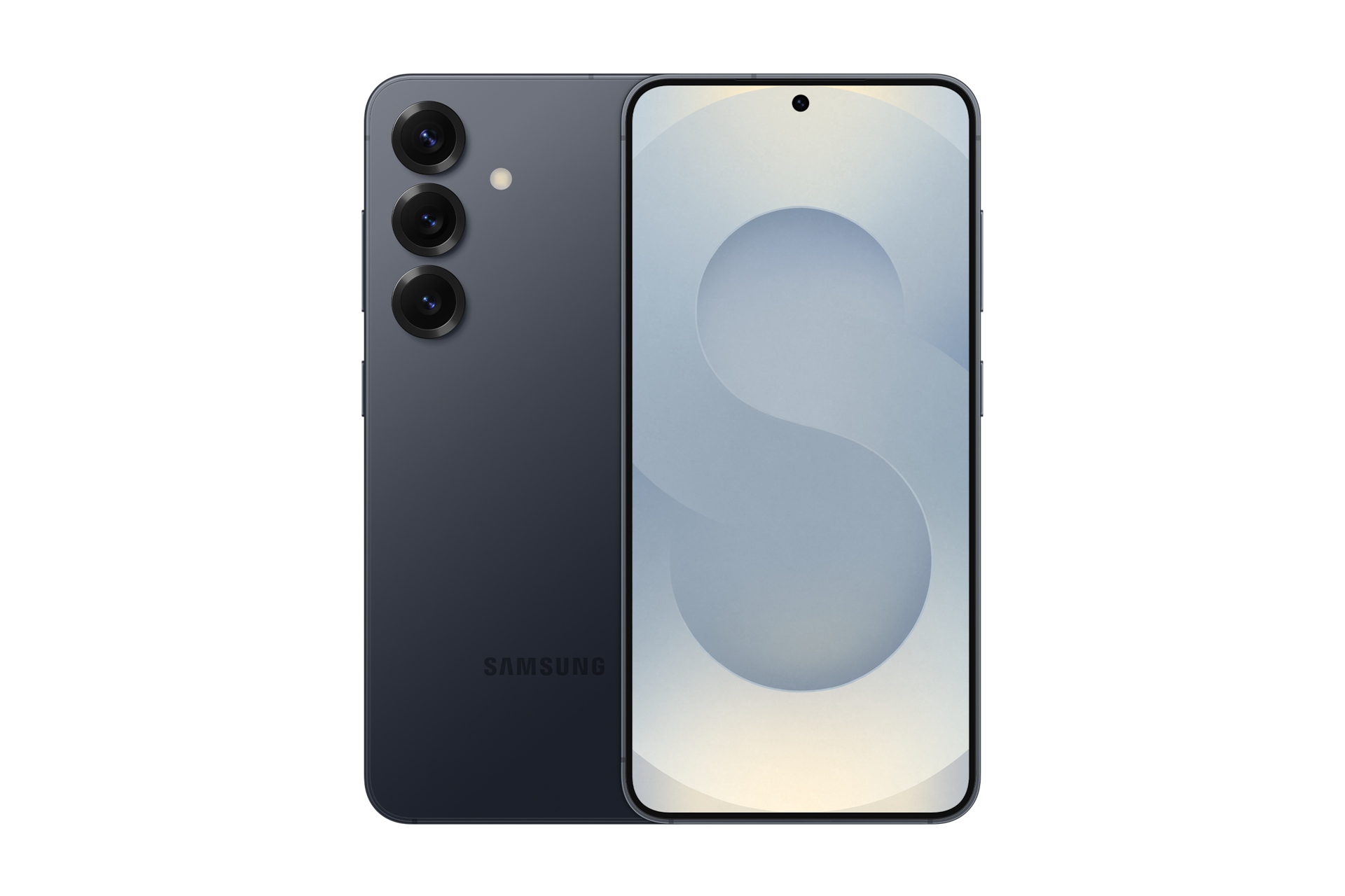 갤럭시 S25 인증중고폰 자급제 (삼성닷컴/삼성 강남 전용컬러)블루블랙 왼쪽부터 카메라홀이 보이는 뒷면, 디스플레이가 보이는 앞면 으로 놓인 폰 2대가 나란히 놓여 있습니다.  