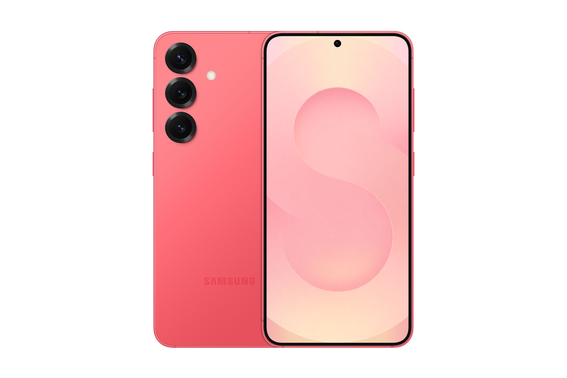 갤럭시 S25 인증중고폰 자급제 (삼성닷컴/삼성 강남 전용컬러) 코랄레드 왼쪽부터 카메라홀이 보이는 뒷면, 디스플레이가 보이는 앞면 으로 놓인 폰 2대가 나란히 놓여 있습니다.  