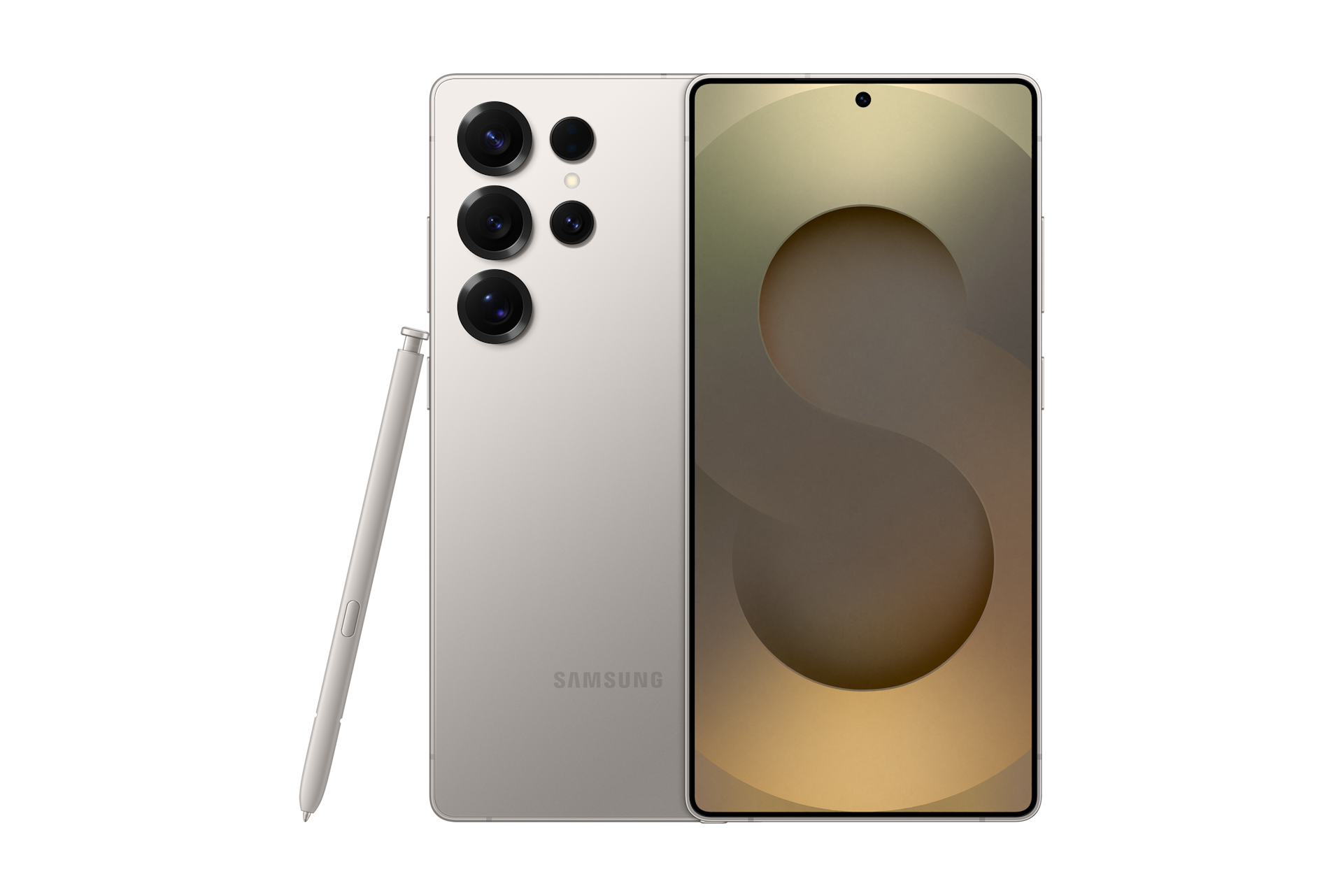 갤럭시 S25 울트라 인증중고폰 자급제 티타늄 그레이 왼쪽부터 터치펜, 카메라홀이 보이는 뒷면, 디스플레이가 보이는 앞면 으로 놓인 폰 2대가 나란히 놓여 있습니다.  