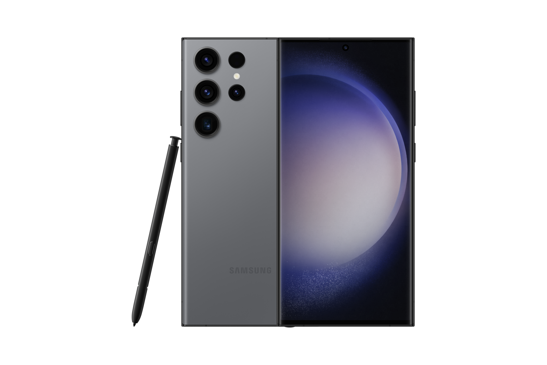 갤럭시 S23 울트라 인증중고폰 자급제 (삼성닷컴/삼성 강남 전용컬러) 그라파이트 왼쪽부터 터치펜이 비스듬히 기대있고,카메라홀이 보이는 뒷면, 디스플레이가 보이는 앞면 으로 놓인 폰 2대가 나란히 놓여 있습니다.  