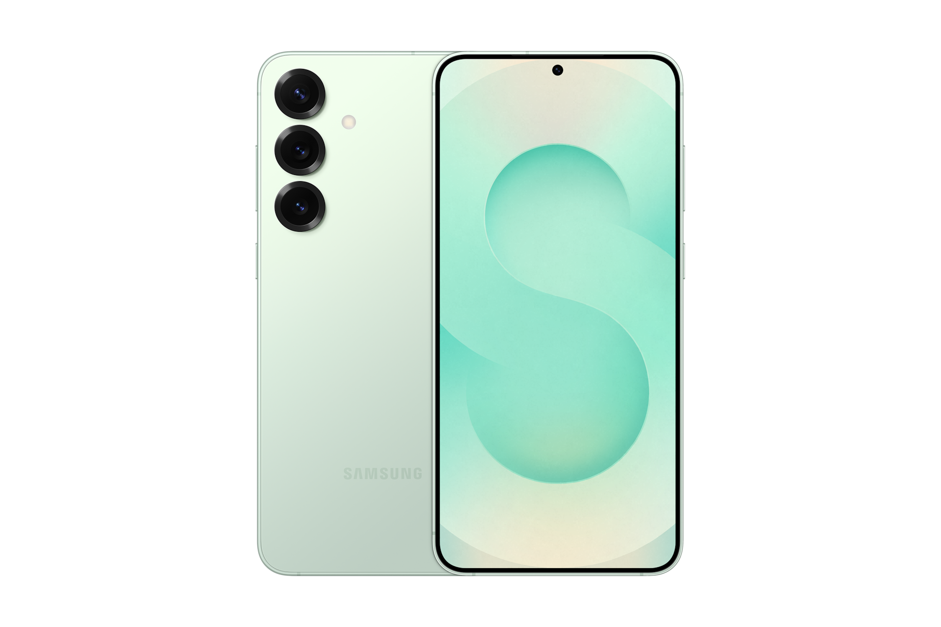 갤럭시 S25+ 인증중고폰 자급제 민트 왼쪽부터 카메라홀이 보이는 뒷면, 디스플레이가 보이는 앞면 으로 놓인 폰 2대가 나란히 놓여 있습니다.  