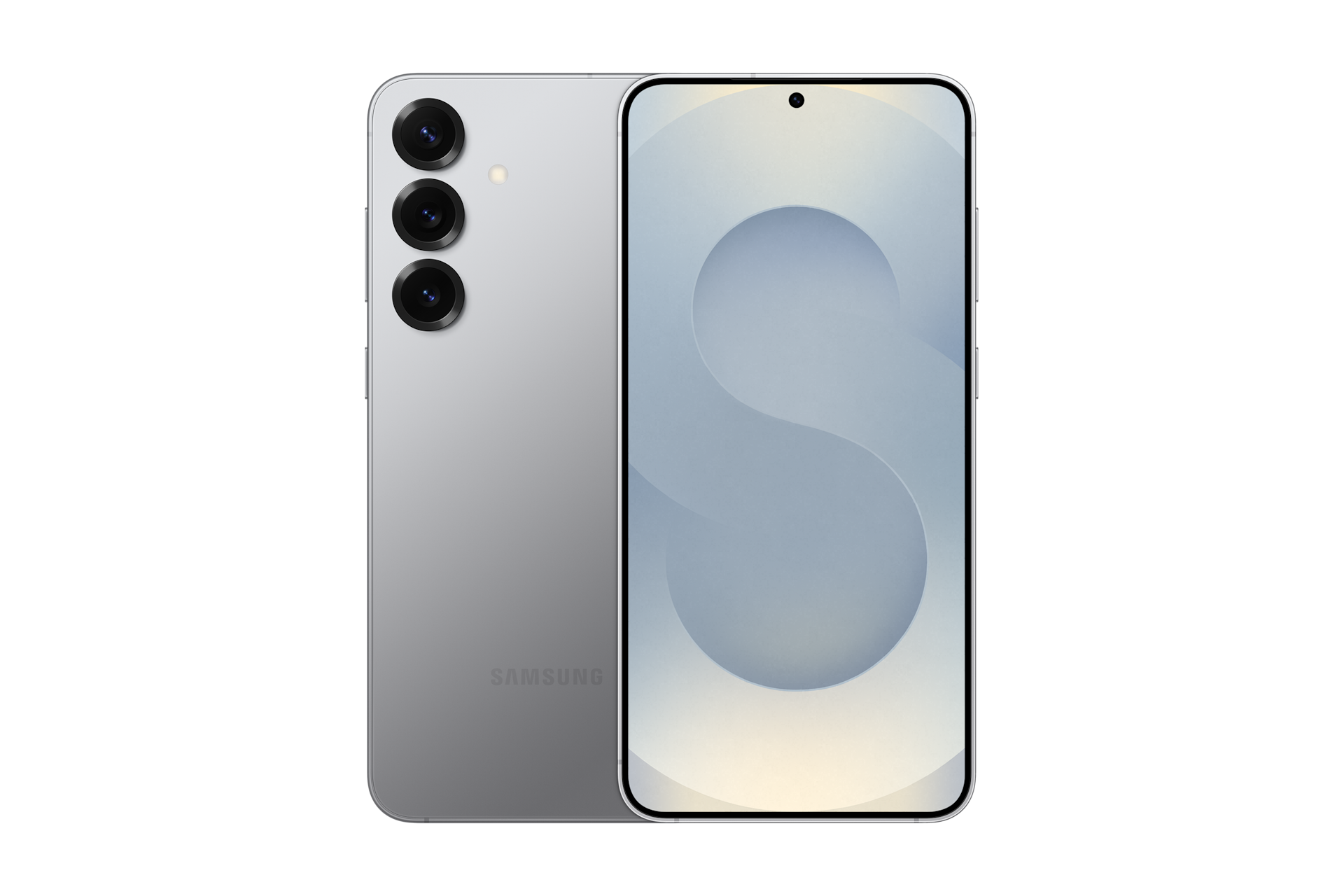 갤럭시 S25+ 인증중고폰 자급제 실버 쉐도우 왼쪽부터 카메라홀이 보이는 뒷면, 디스플레이가 보이는 앞면 으로 놓인 폰 2대가 나란히 놓여 있습니다.  