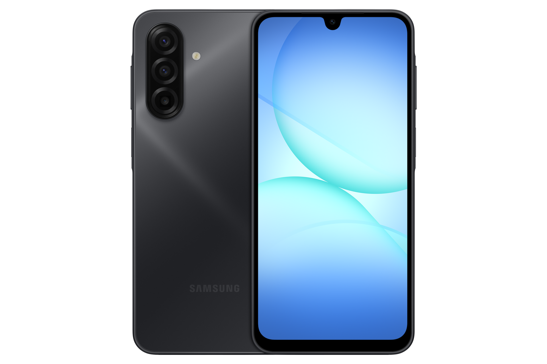 갤럭시 A17 자급제 블랙 왼쪽에는 카메라 홀이 보이는 뒷면, 오른쪽에는 디스플레이가 보이는 앞면의 A17 두대가 보입니다.